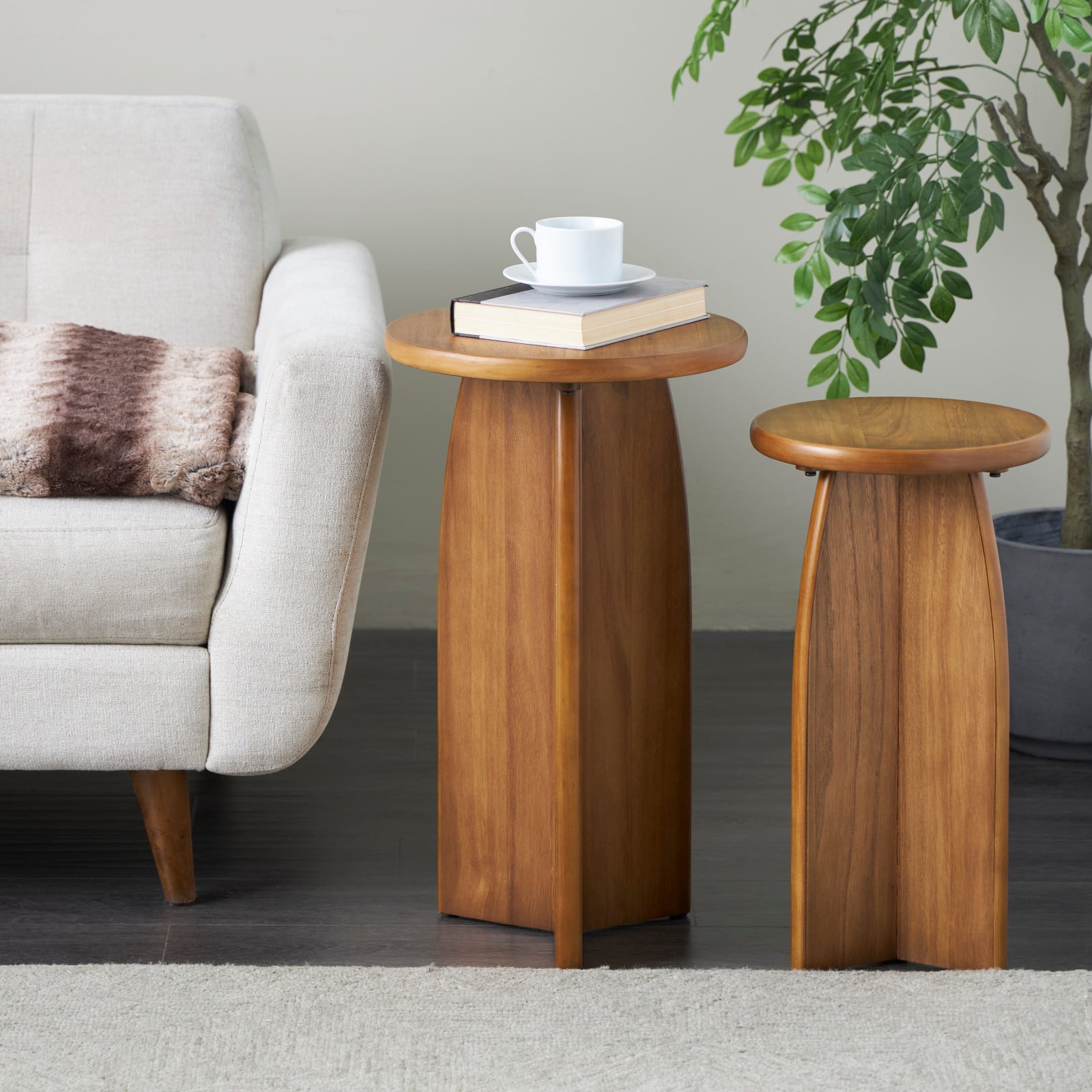 Brown Pedestal Side End Accent Table Set