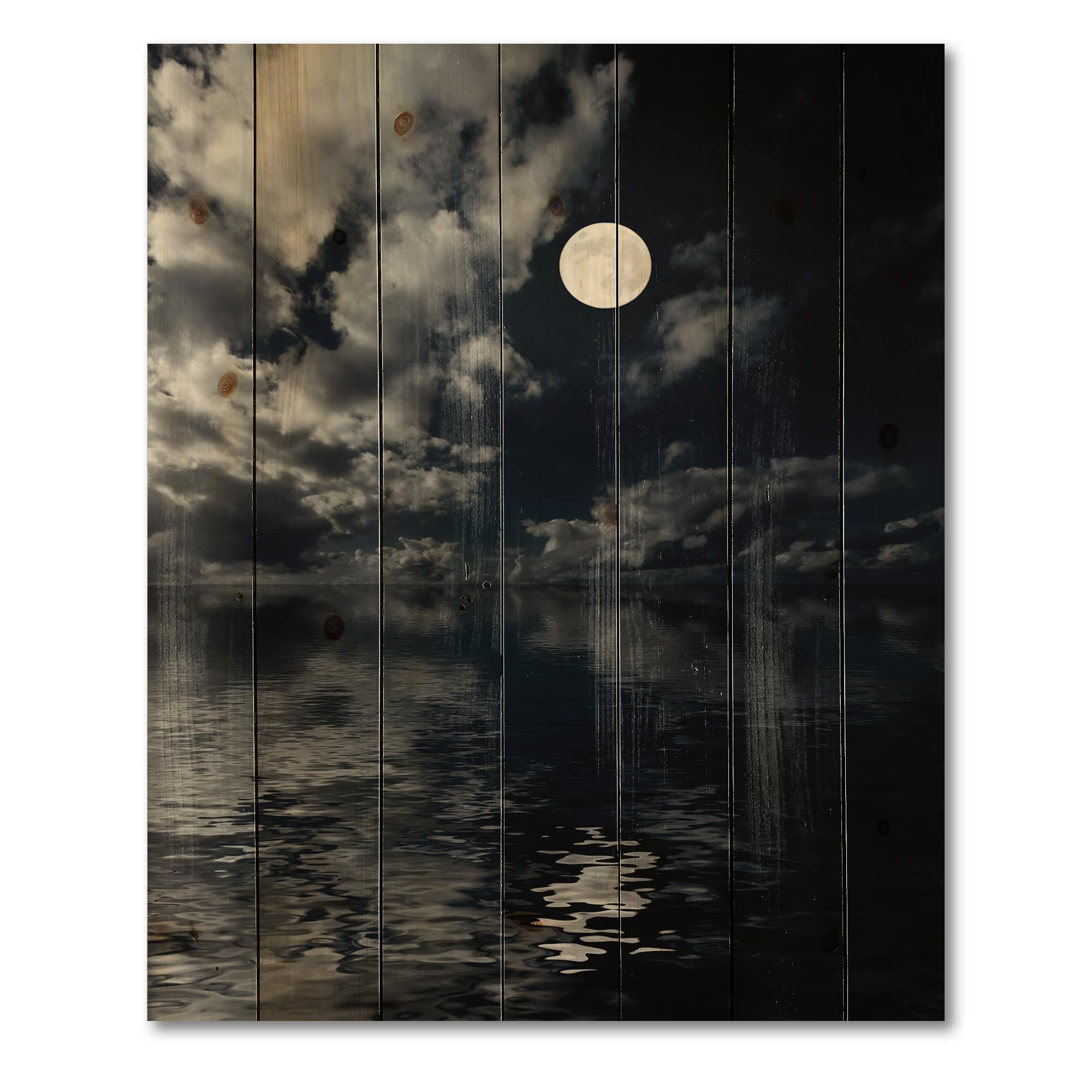 Designart - Full Moon In Cloudy Night Sky IV - Nautical & Coastal Print on Natural Pine Wood