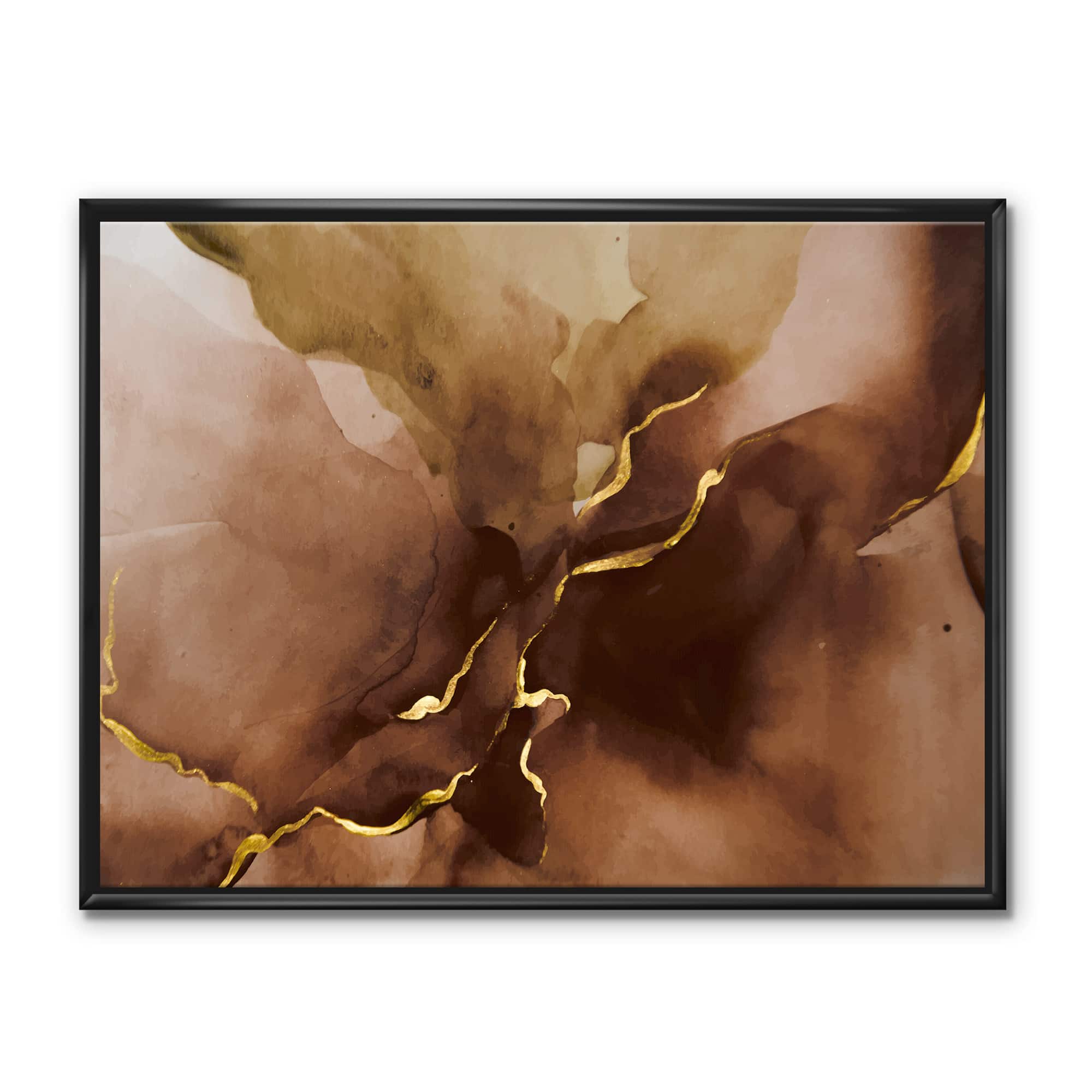 Designart - Hand Drawn Watercolor Brown Background With Gold - Modern Canvas Wall Art Print in Black Frame