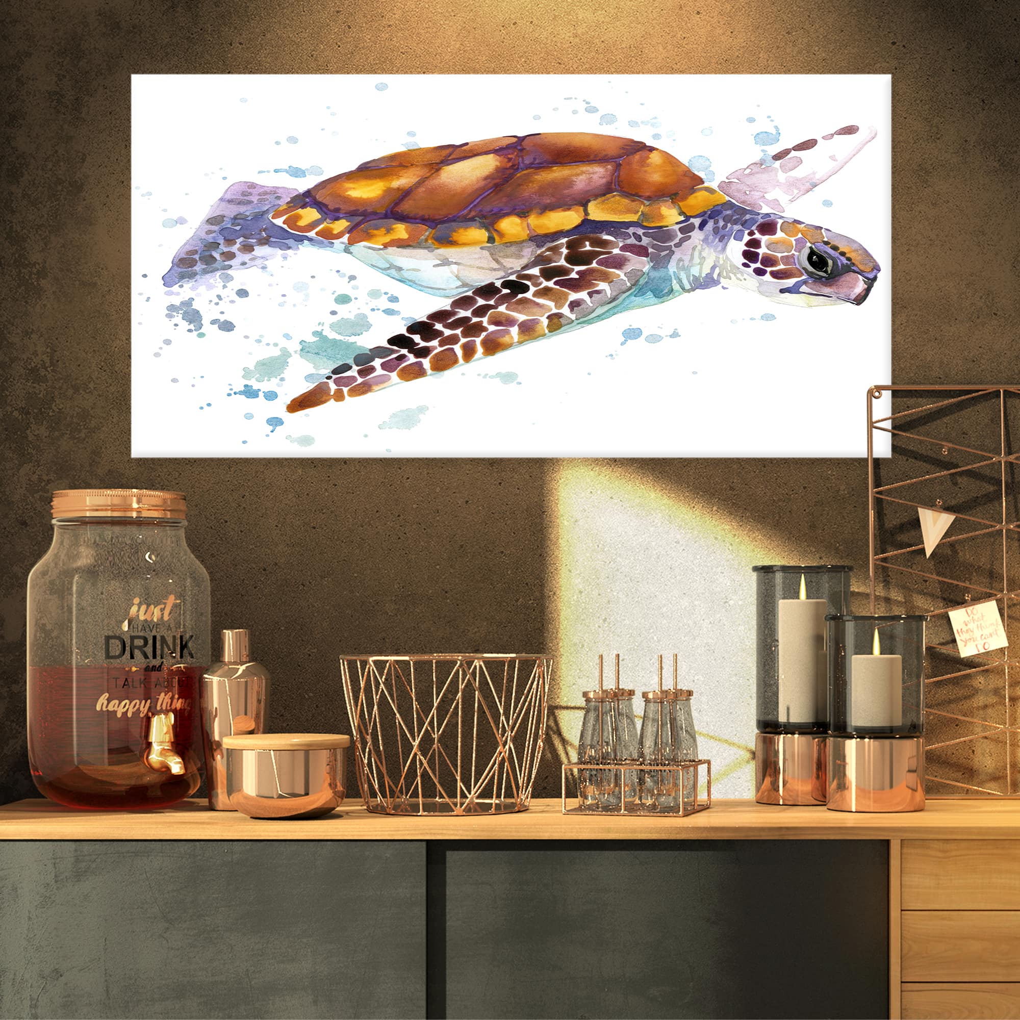 Designart - Brown Sea Turtle Watercolor - Contemporary Animal Art Canvas
