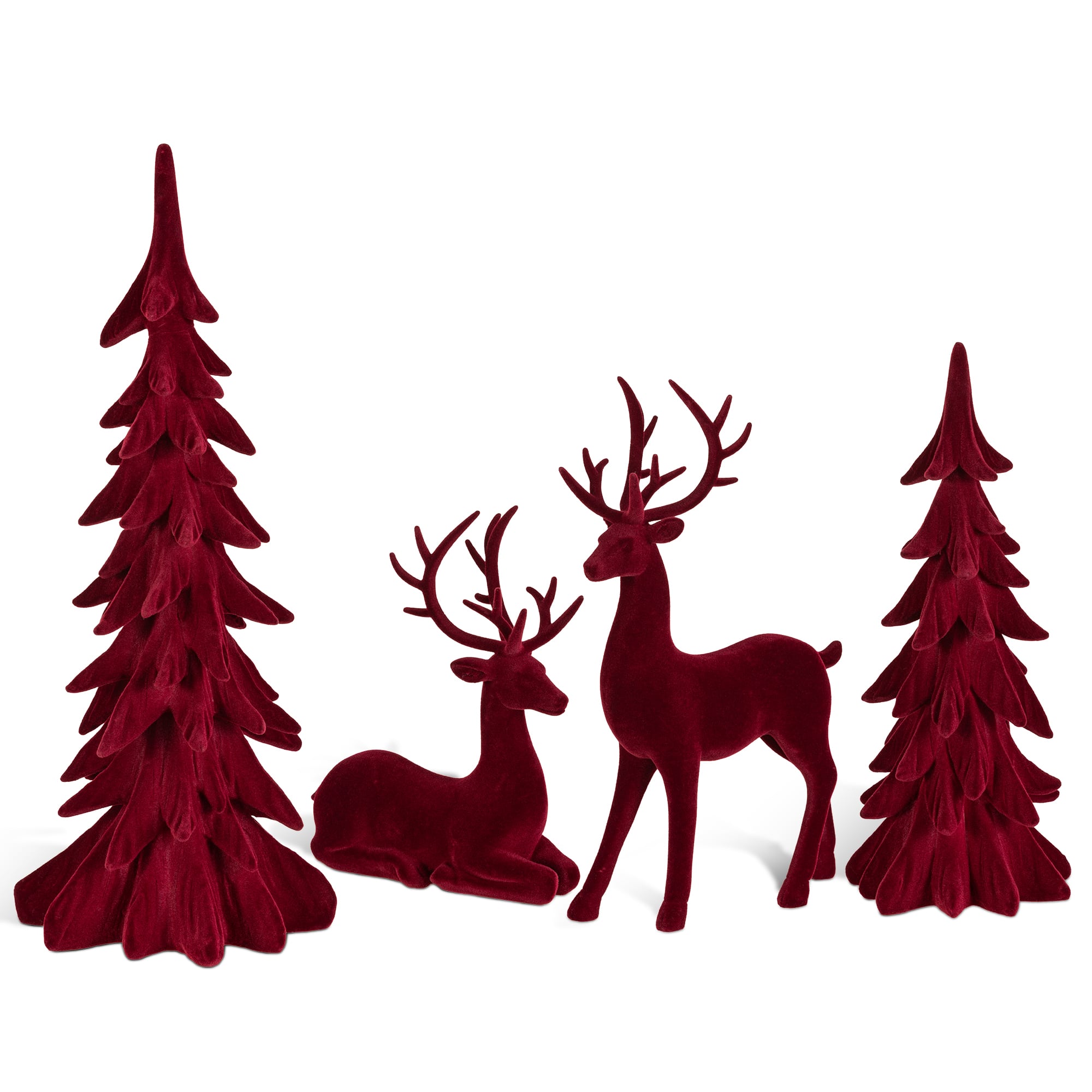 Glitzhome® Burgundy Flocked Reindeer with Tree Christmas Table Décor Set