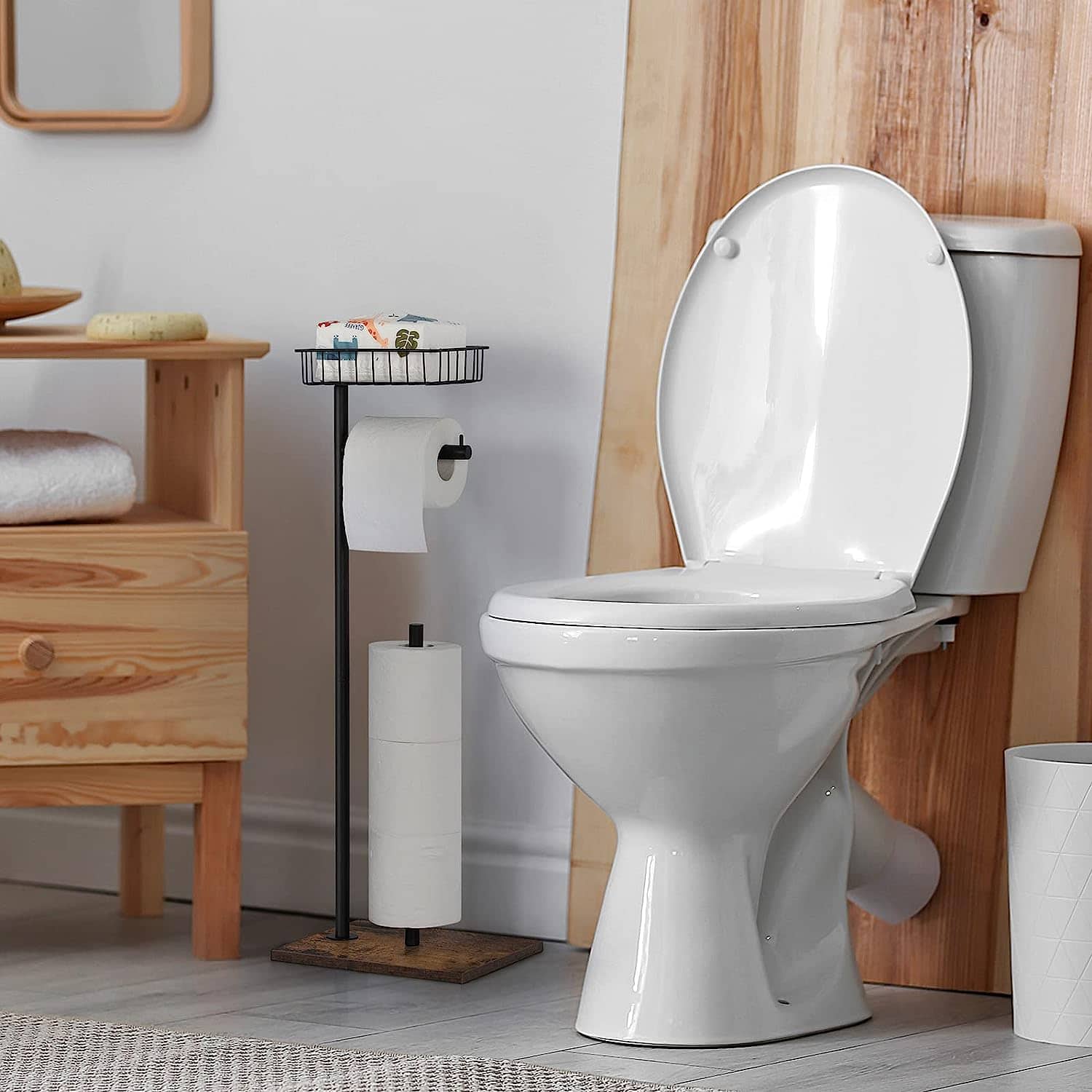 Black Freestanding Toilet Paper Holder Stand with Basket