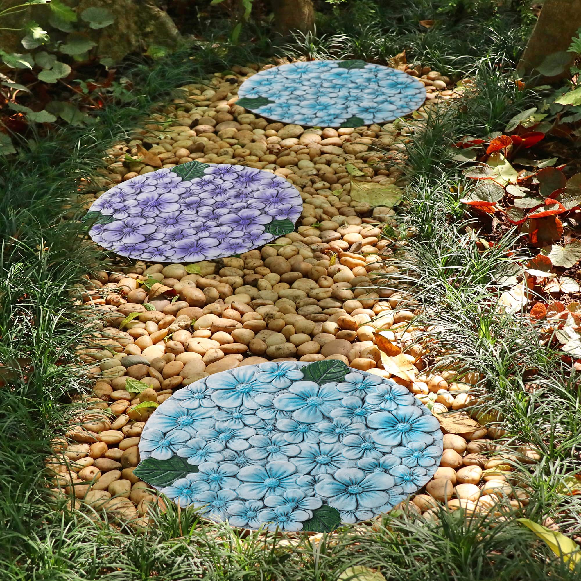Glitzhome® 10" Set of 2 Cement Blue and Purple Hydrangea Textured Stepping Stones