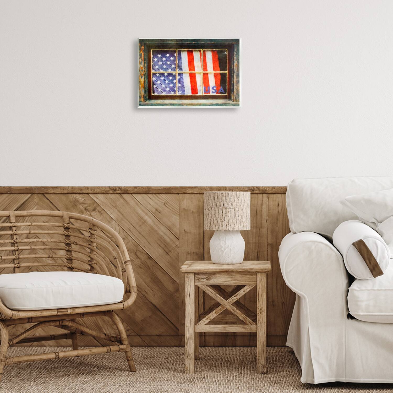 Stupell Industries Patriotic American Flag Rustic Window Festive Home Wall Plaque Art
