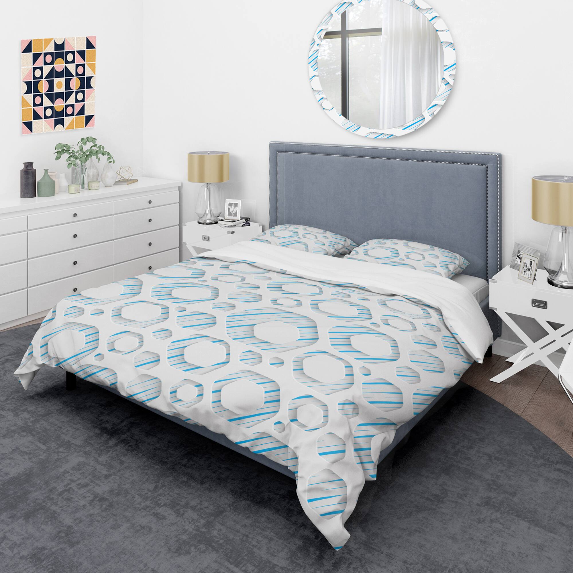 Designart '3D White And Blue Pattern IV' Mid-Century Duvet Cover Set