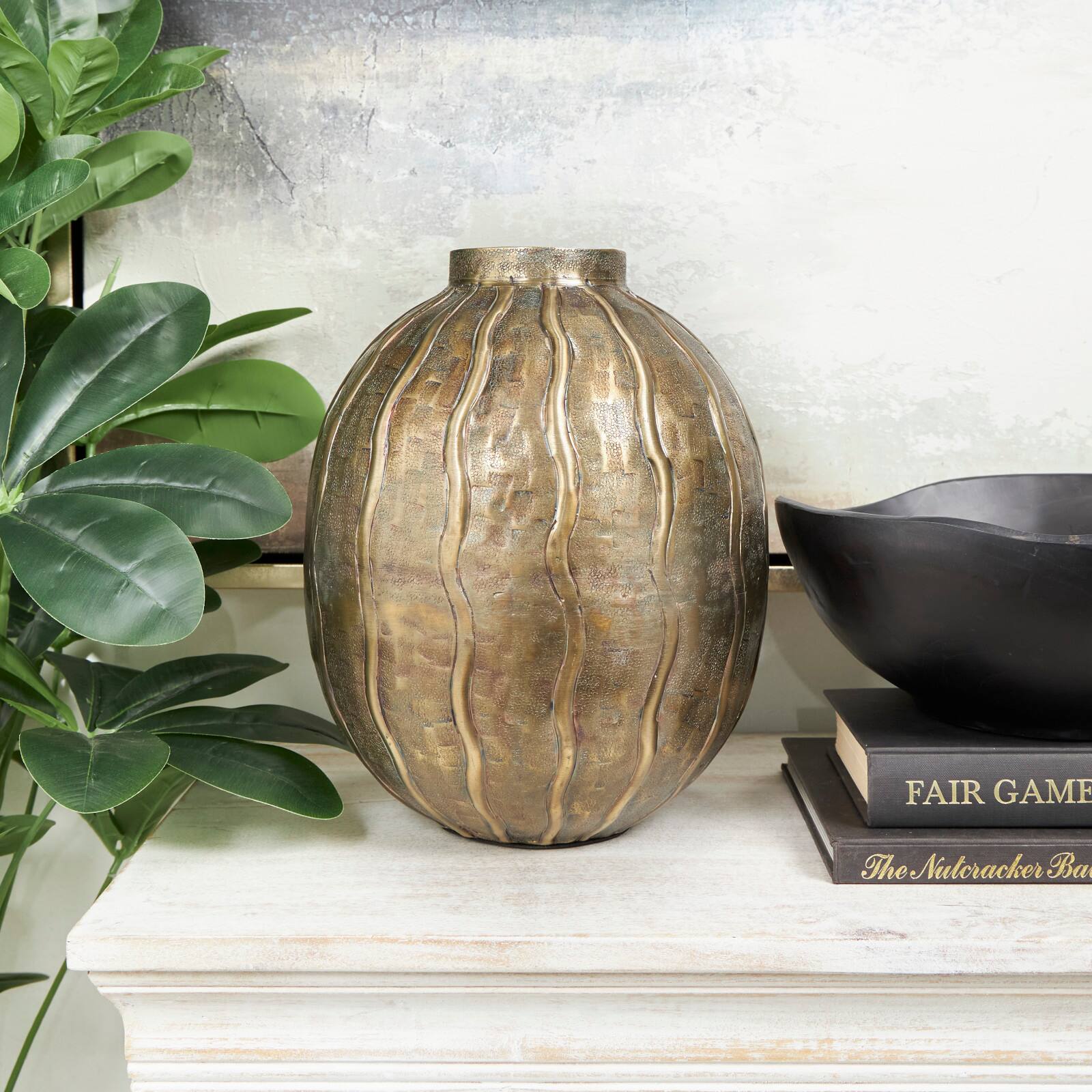 12" Brass Metal Snakeskin Inspired Vase with Dimensional Wavy Accents
