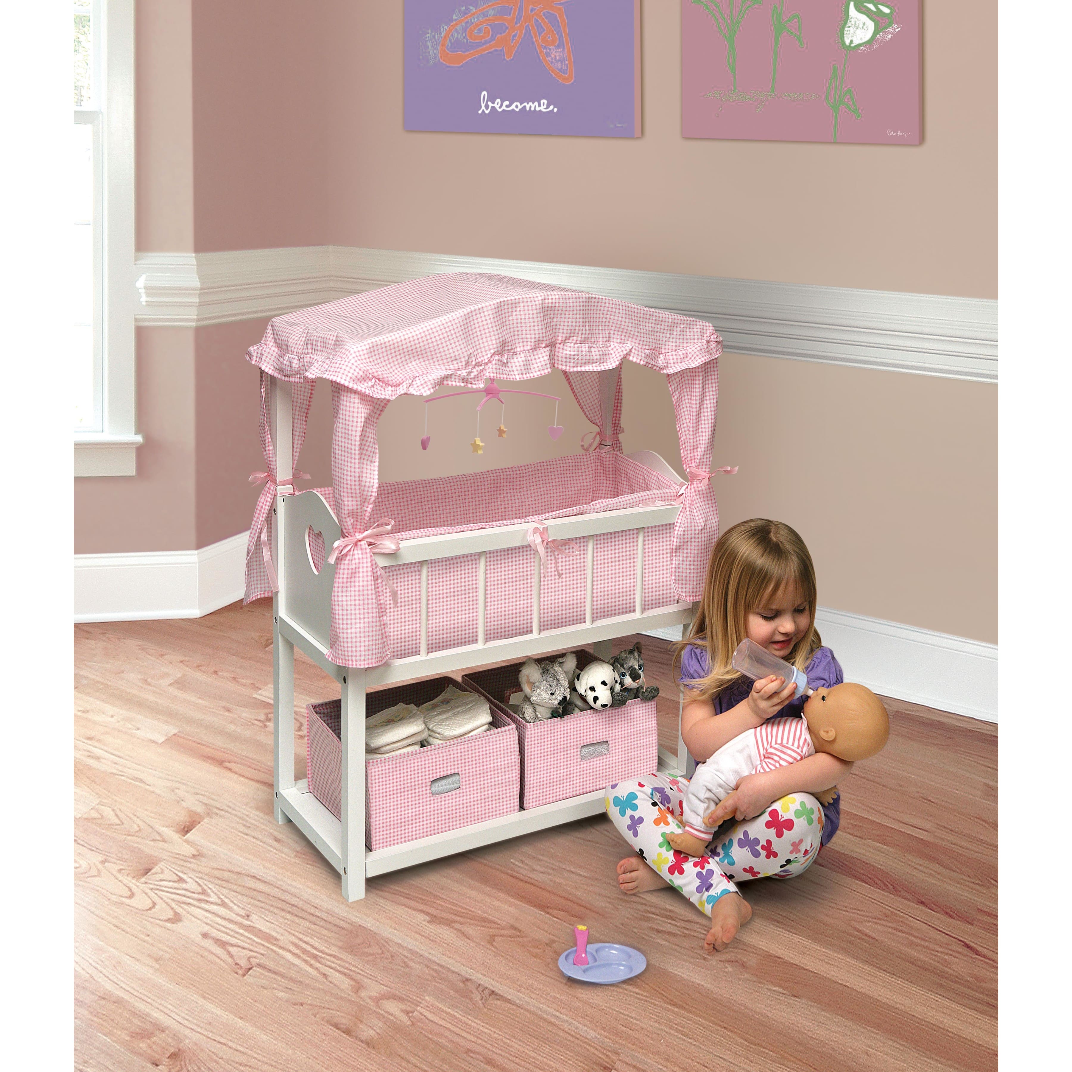 Badger Basket Pink & White Canopy Doll Crib with Baskets, Bedding & Mobile