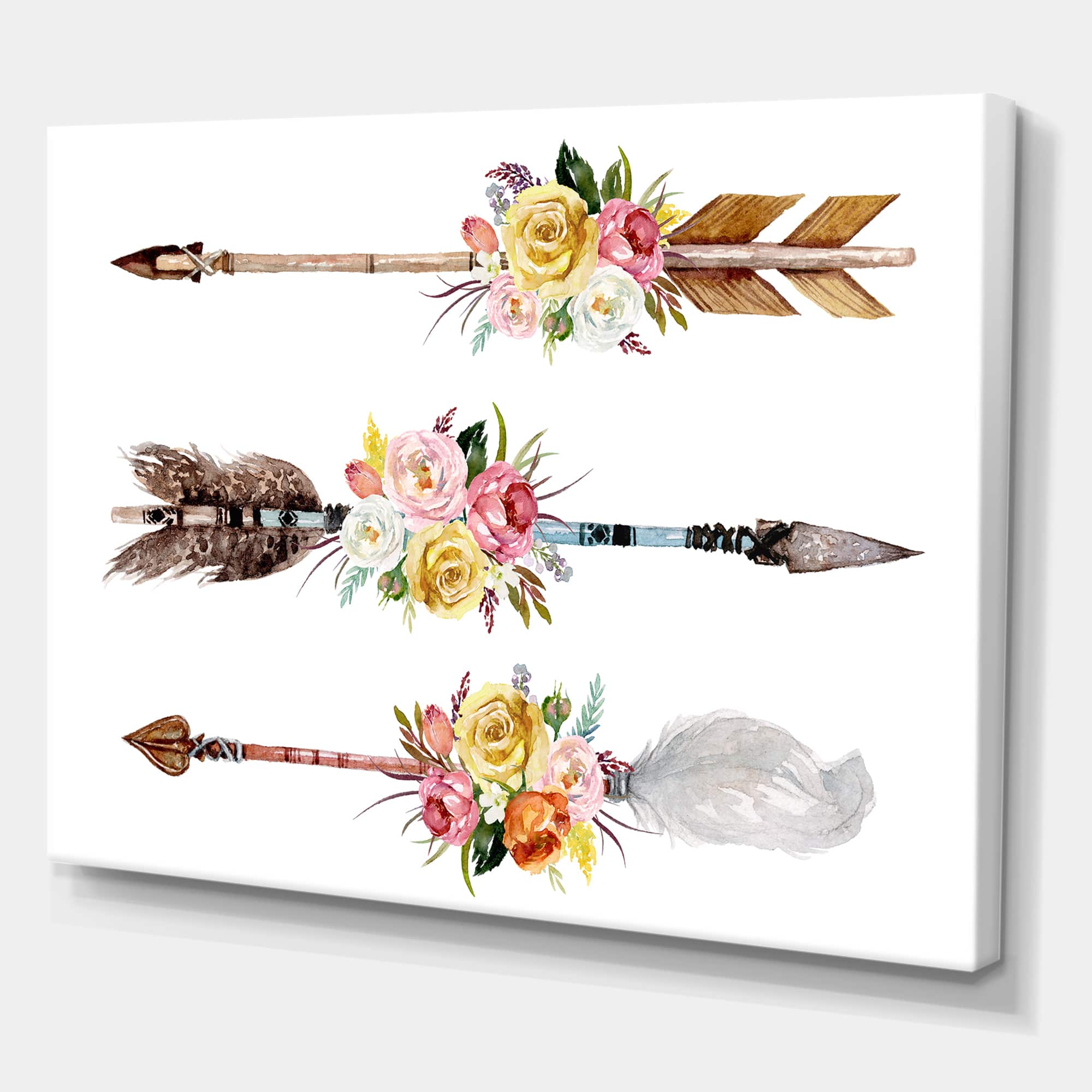 Designart - Ethnic Feathers and Flowers On Native Arrows II - Bohemian & Eclectic Canvas Wall Art Print