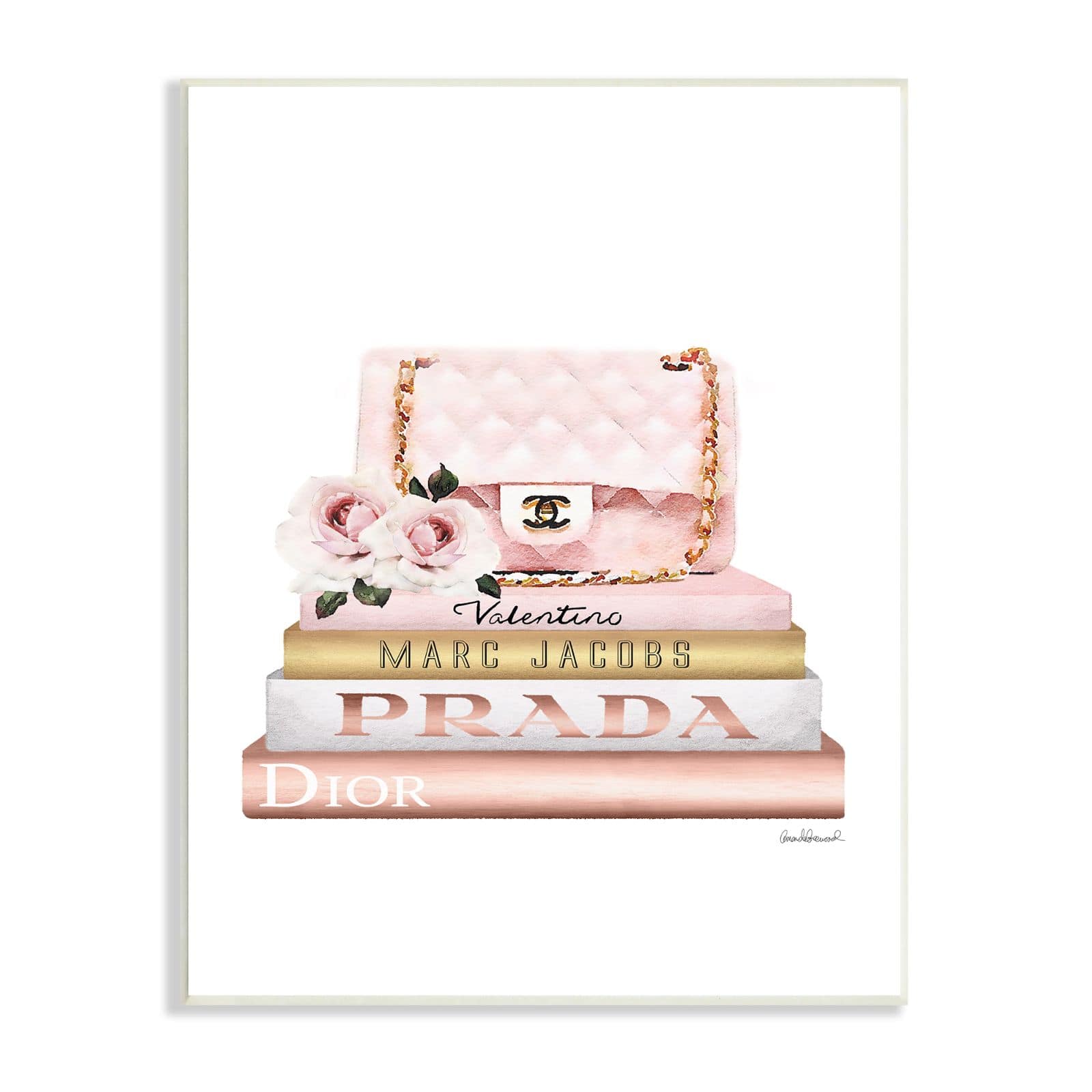 Stupell Industries Pink Purse Gold Bookstack Glam Fashion Watercolor Design Wood Wall Plaque