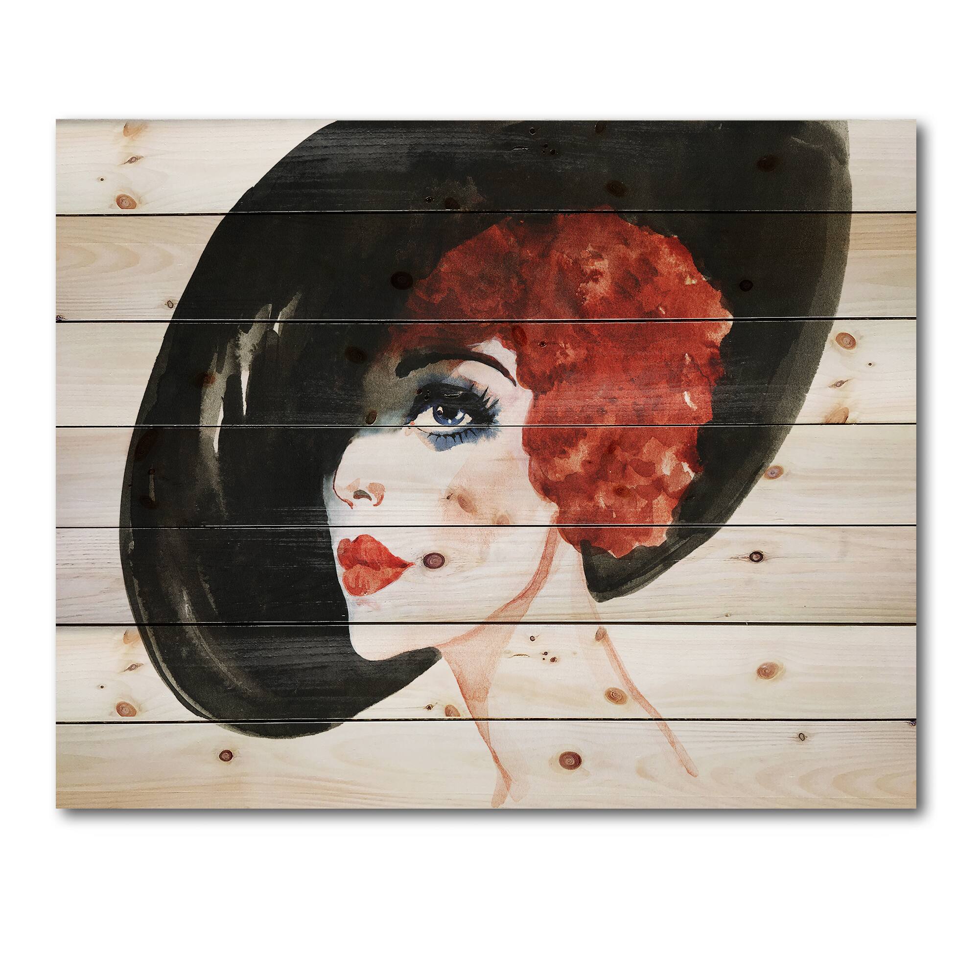 Designart - Red Head Lady In Hat Portrait of Woman - Modern Print on Natural Pine Wood