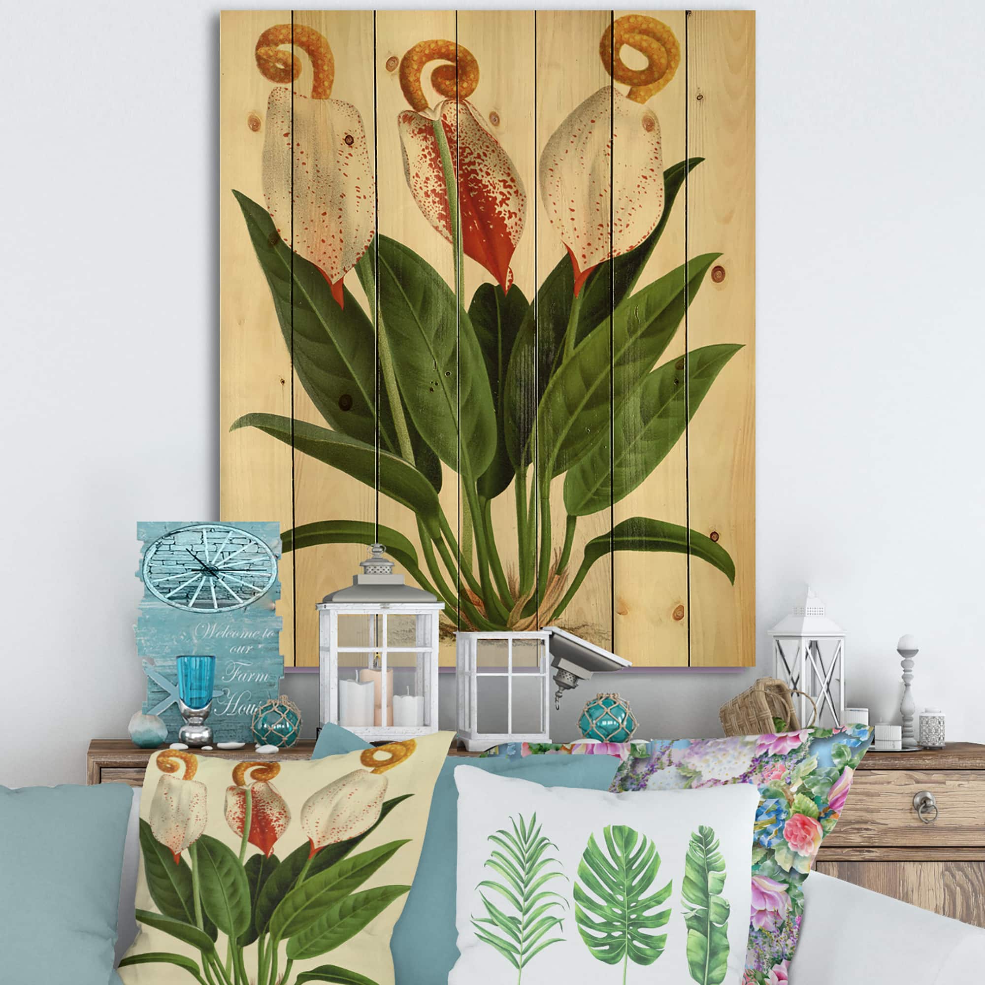 Designart - Retro Flowers I - Farmhouse Print on Natural Pine Wood