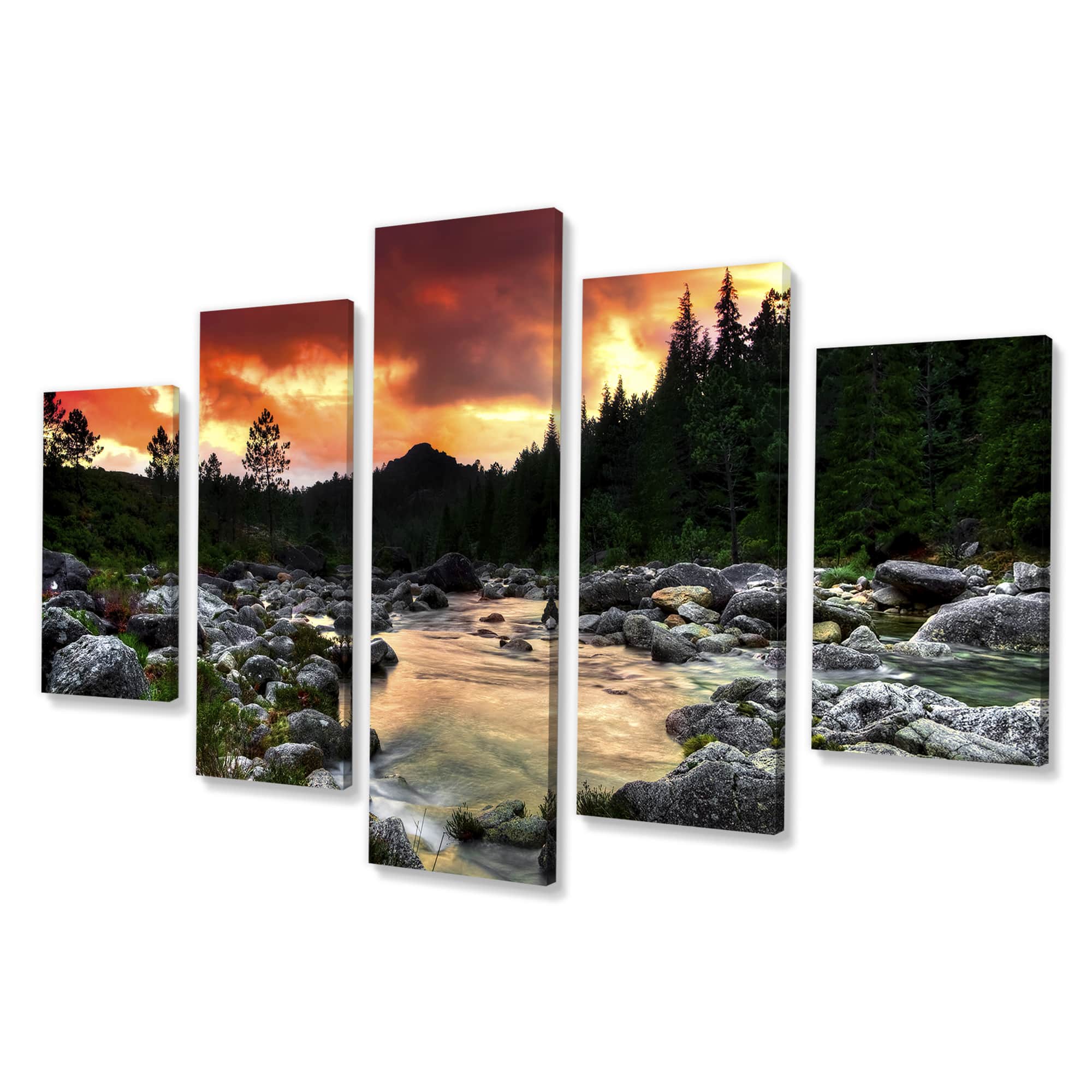 Designart - Rocky Mountain River at Sunset - Extra Large Wall Art Landscape