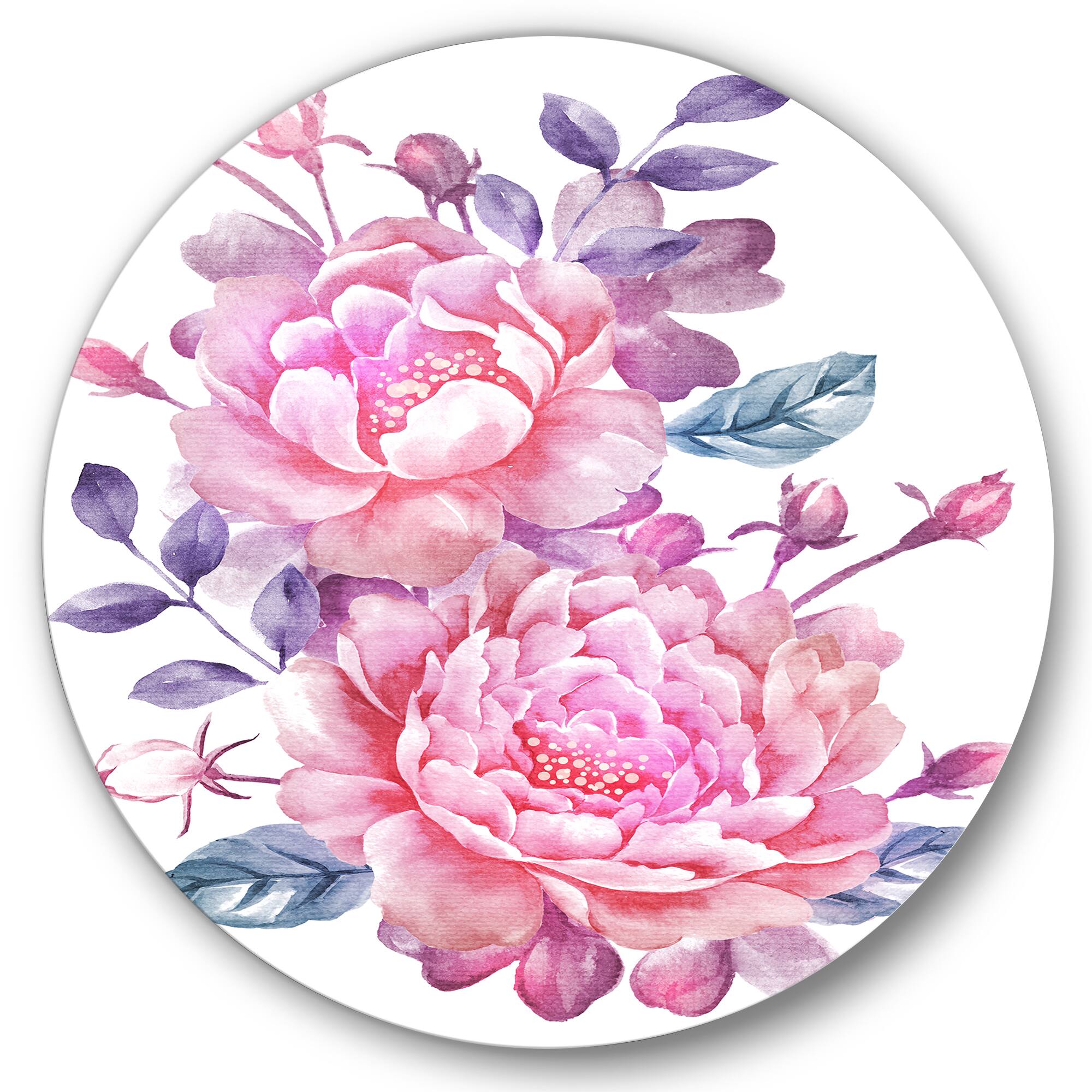 Designart - Pink Retro Flowers With Blue Leaves - Traditional Metal Circle Wall Art