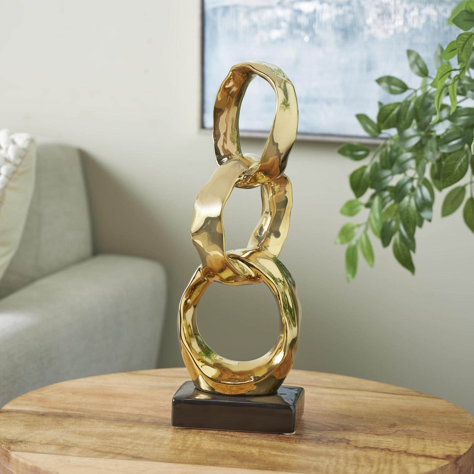 15" Gold Abstract Interlocked Rings Ceramic Sculpture with Black Base