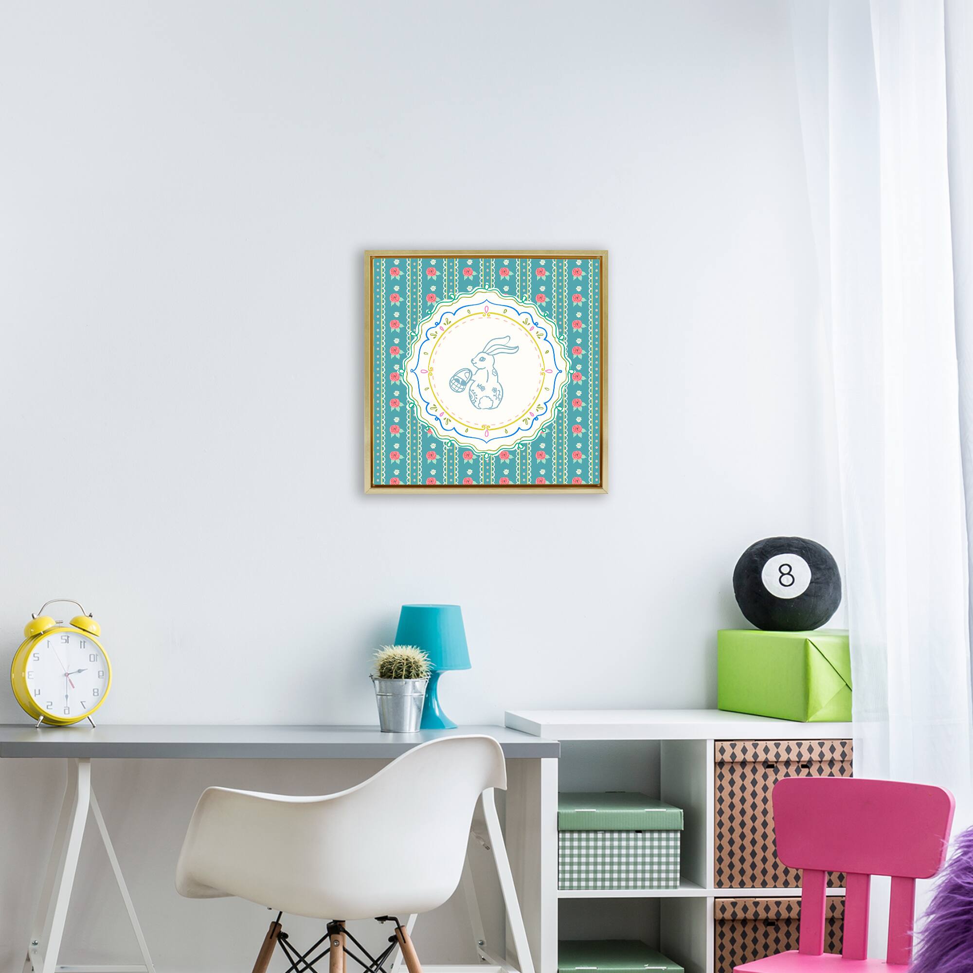 Stupell Industries Flower Stripes Pattern Bunny Floating Frame Wall Art