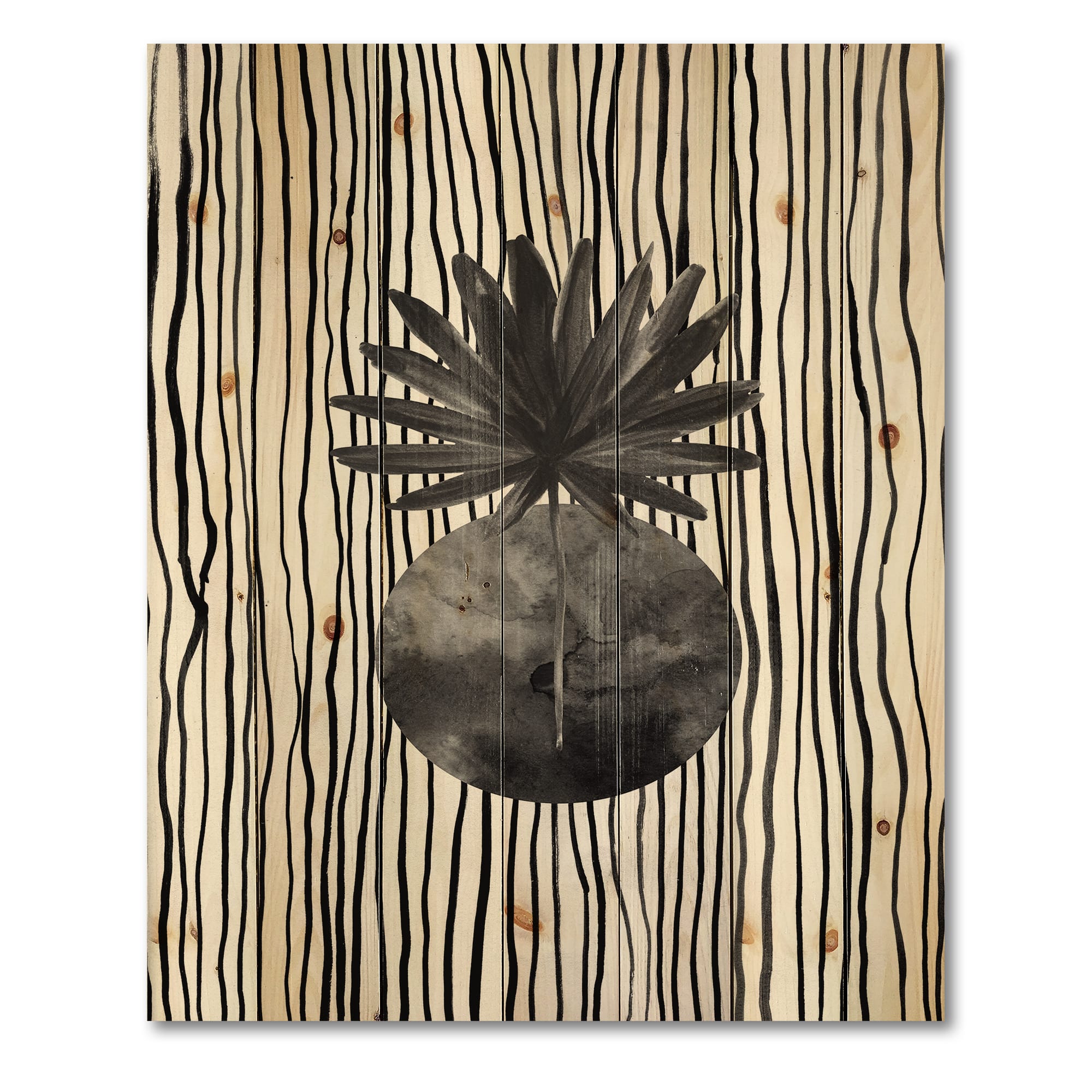 Designart - Black and White Tropical Leaf On Striped I