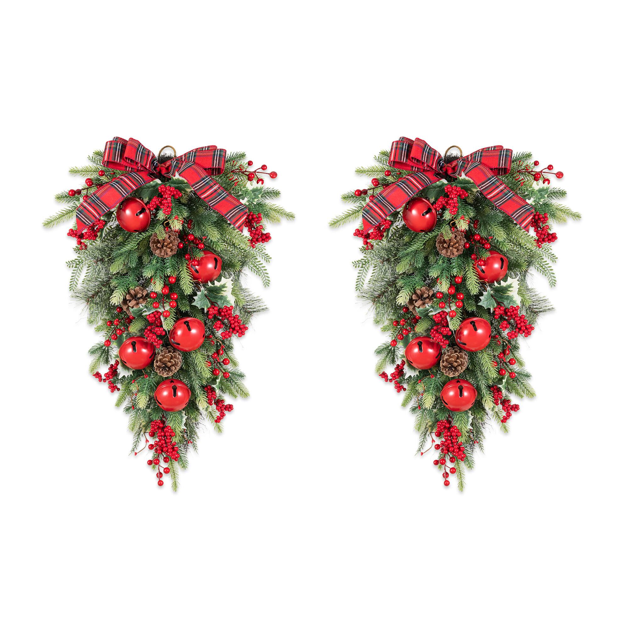 Glitzhome® 28" Christmas Bell Pinecone & Berry Bow Teardrop, Set of 2