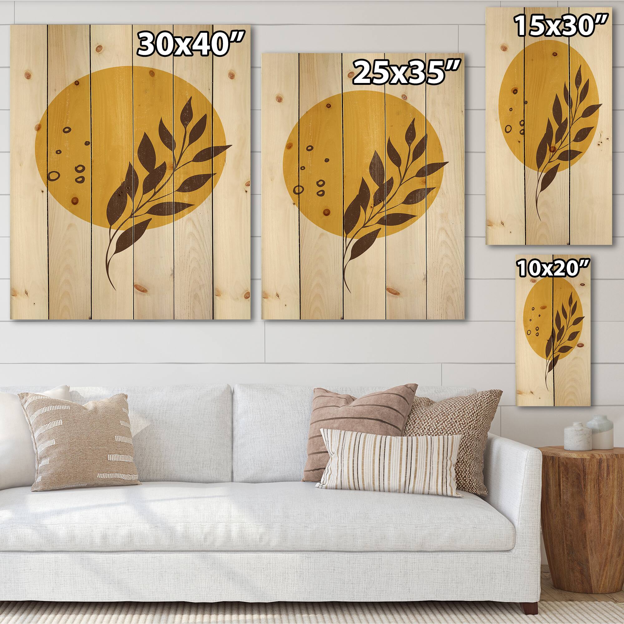 Designart - Abstract Yellow Sun and Moon With Tropical Leaf II - Modern Print on Natural Pine Wood