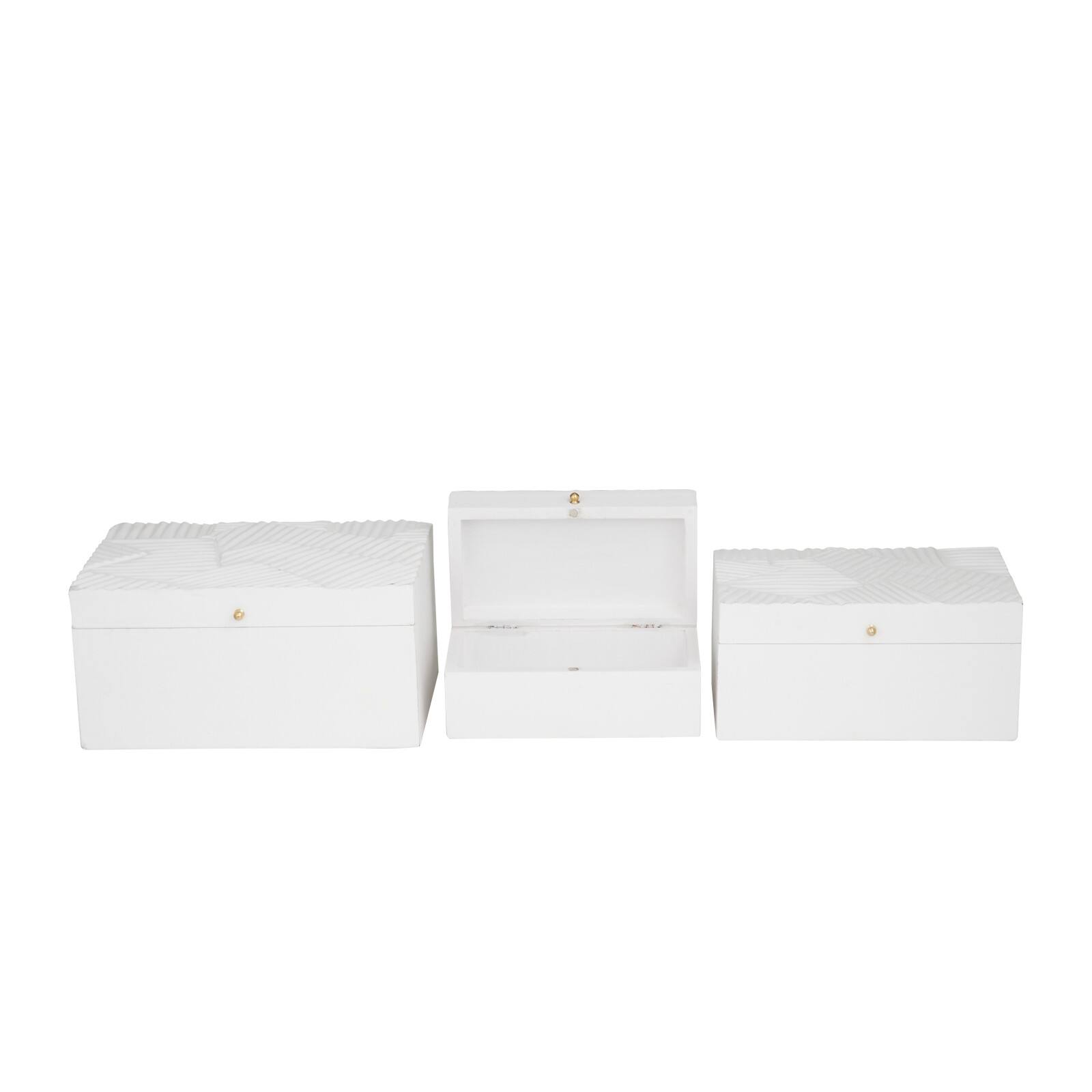 White Wood Intricate Carved Box with Hinged Lid Set