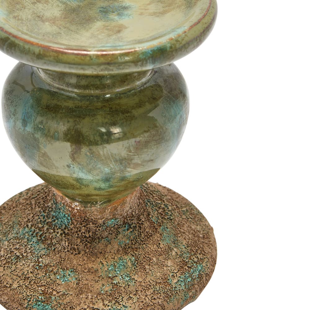 Hello Honey® Distressed Green 2-Tone Sculptural Terracotta Pillar Candle Holder