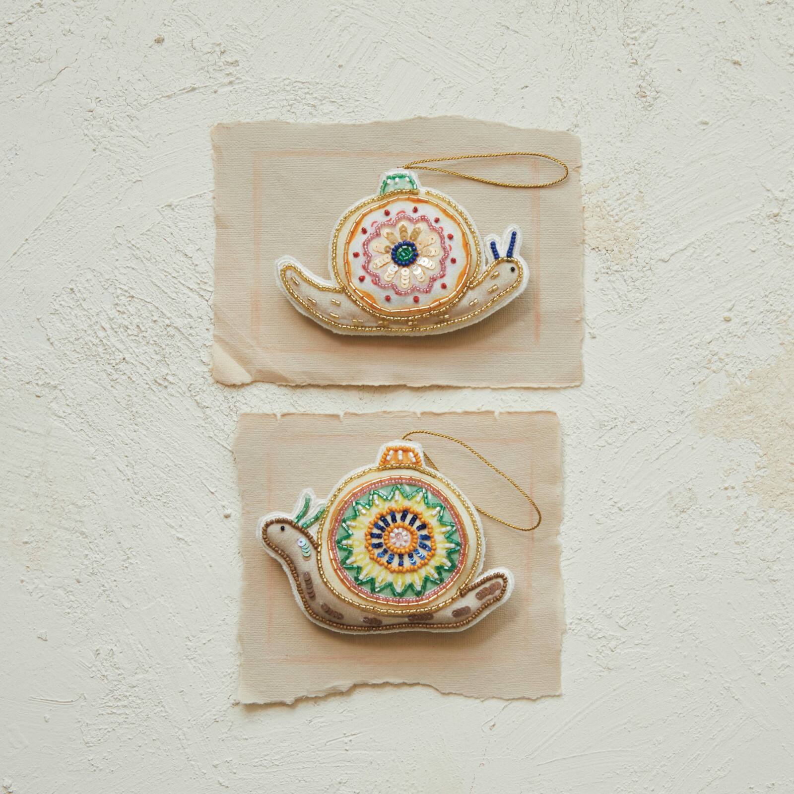 Hello Honey® 2 Pack 3.5" Beaded & Embroidered Snail Cotton Fabric Ornaments