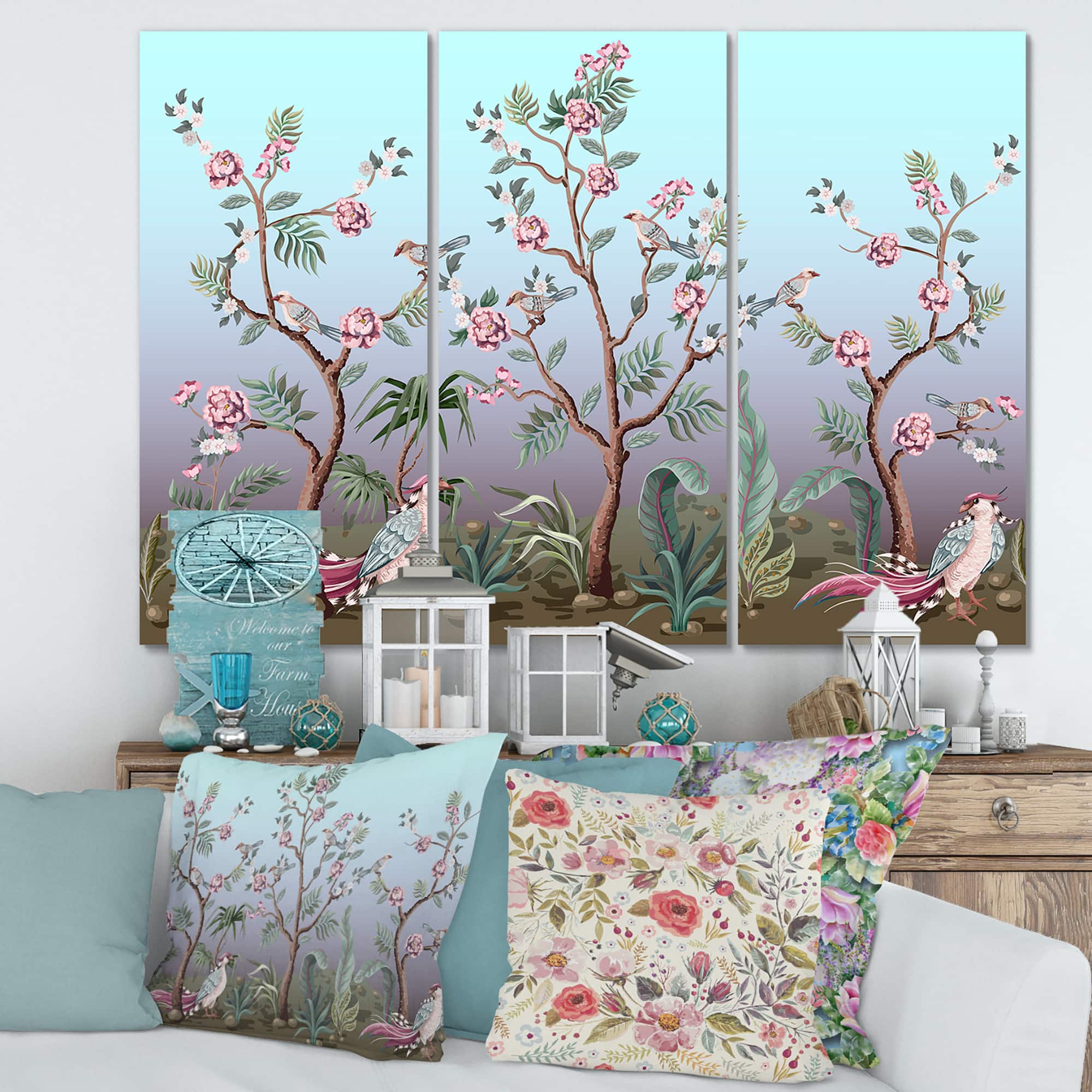 Designart - Chinoiserie With Birds and Peonies II - Traditional Canvas Wall Art Print