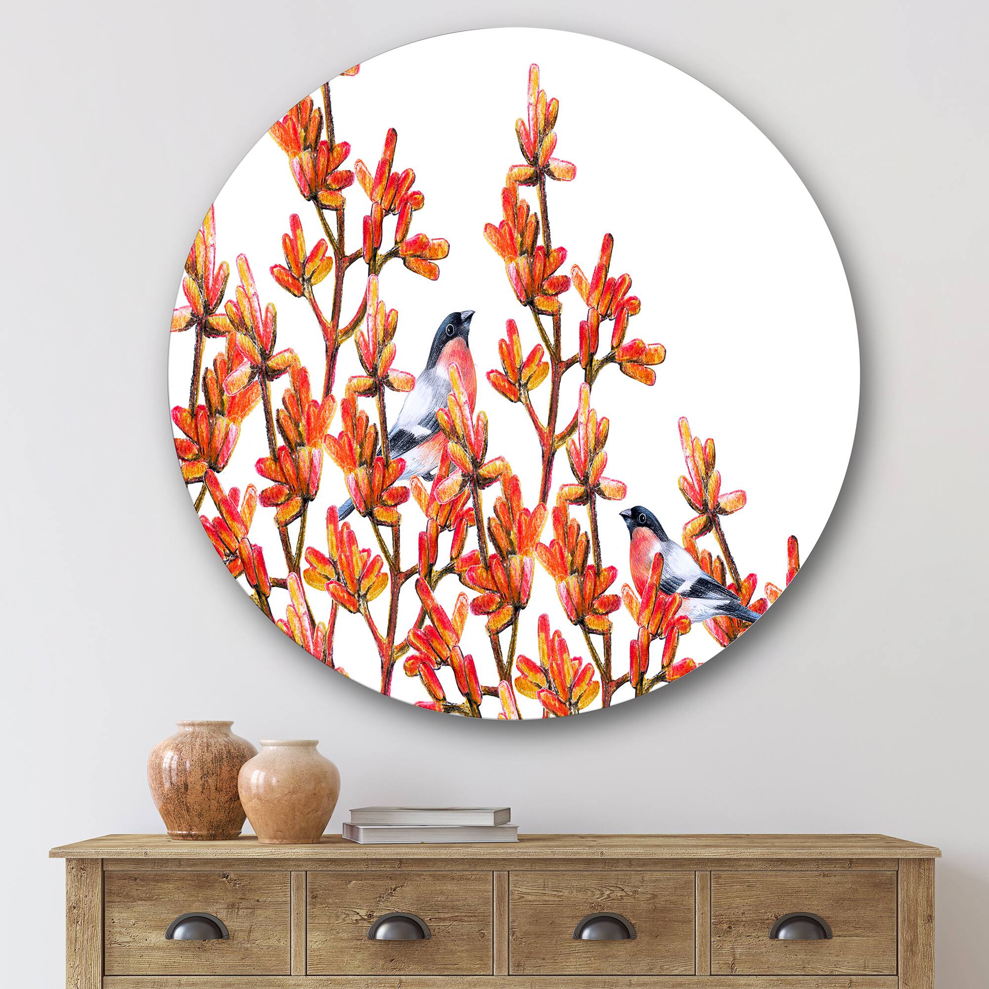 Designart - Flock of Bullfinches Birds on Orange Branches