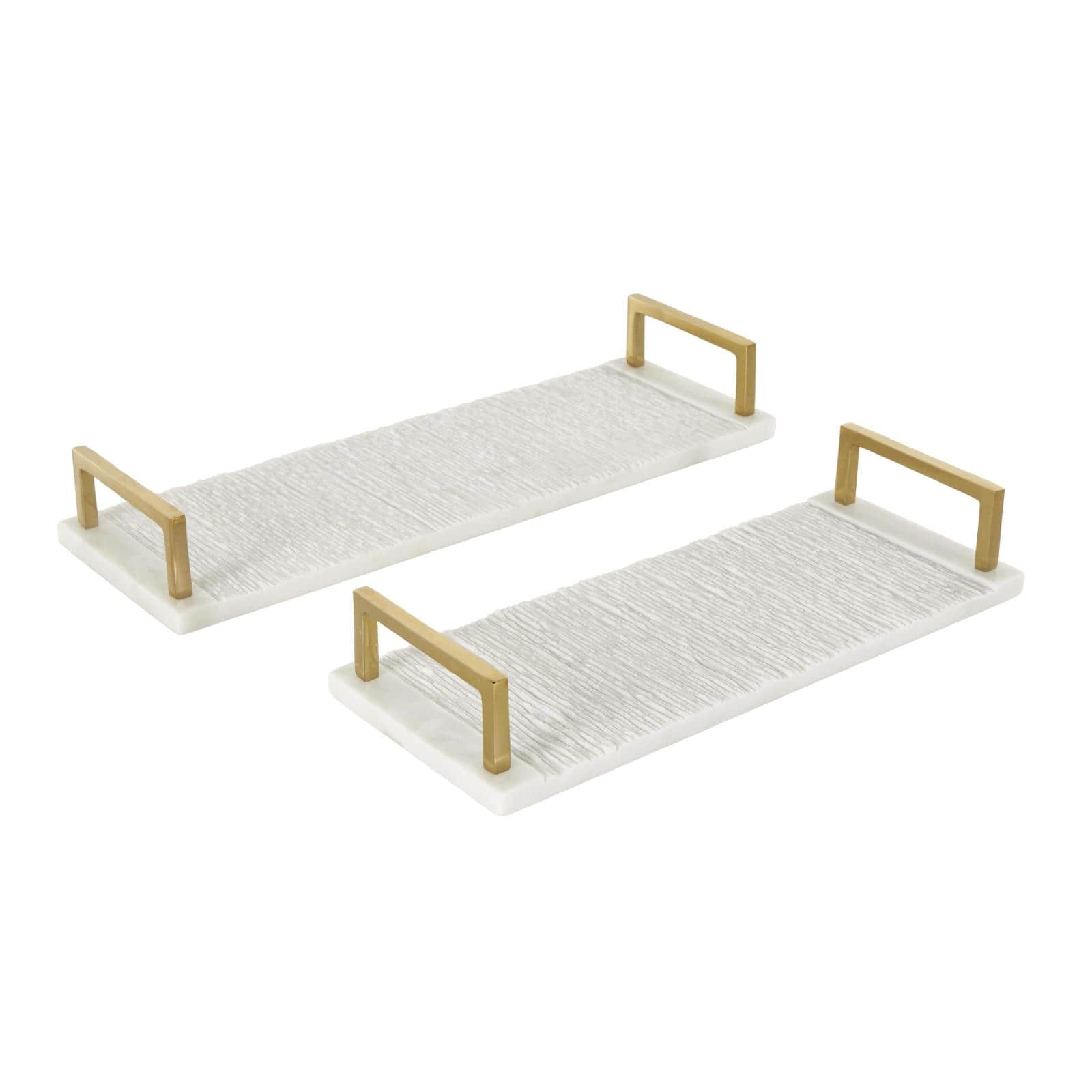 White with Gold Handles Marble Textured Tray Set