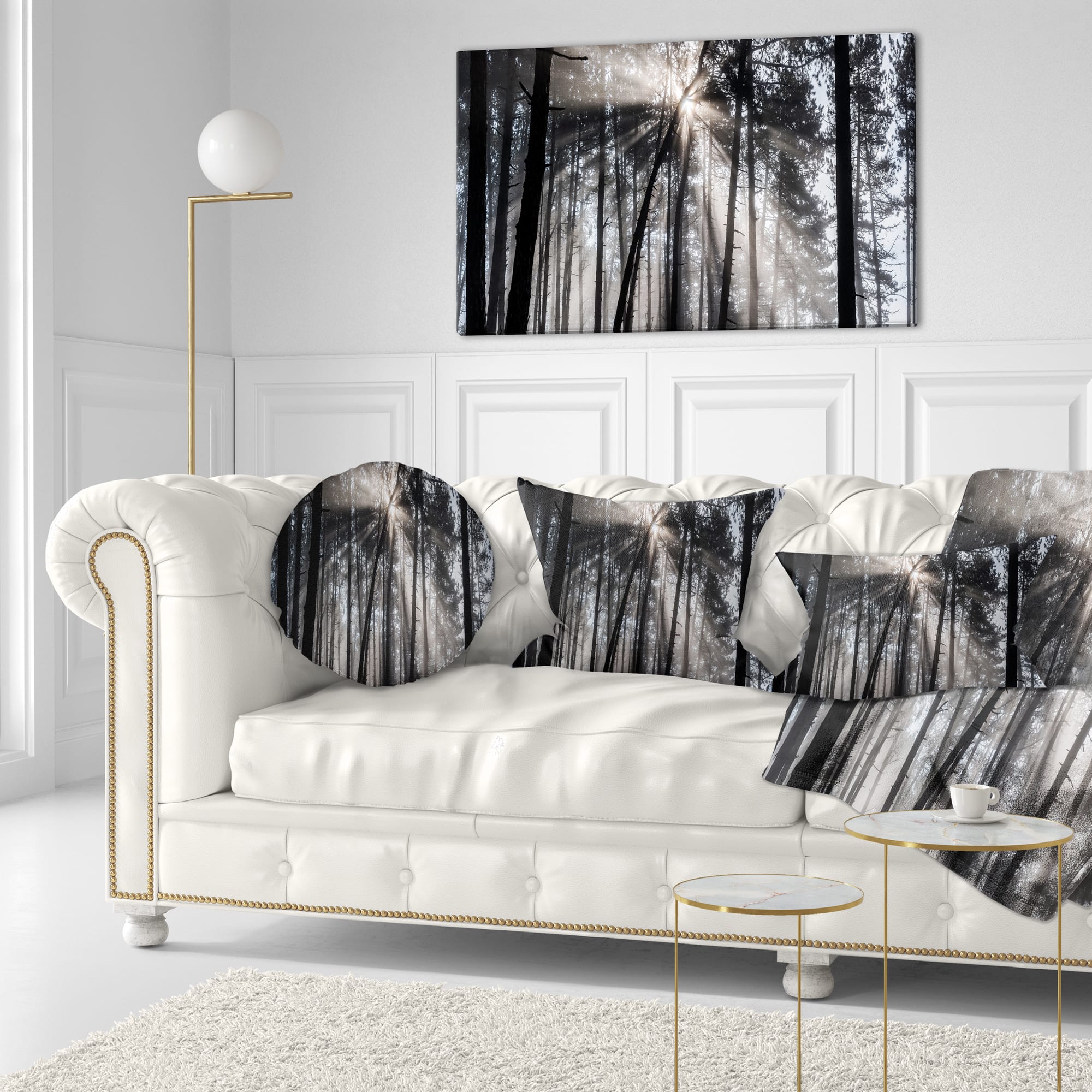 Designart - Sunbeams through Black White Forest - Forest Canvas Wall Art Print