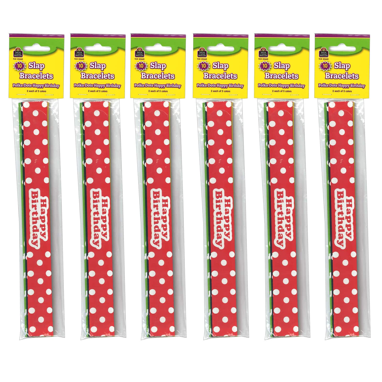 Teacher Created Resources Polka Dots Happy Birthday Slap Bracelets, 6 Packs of 10