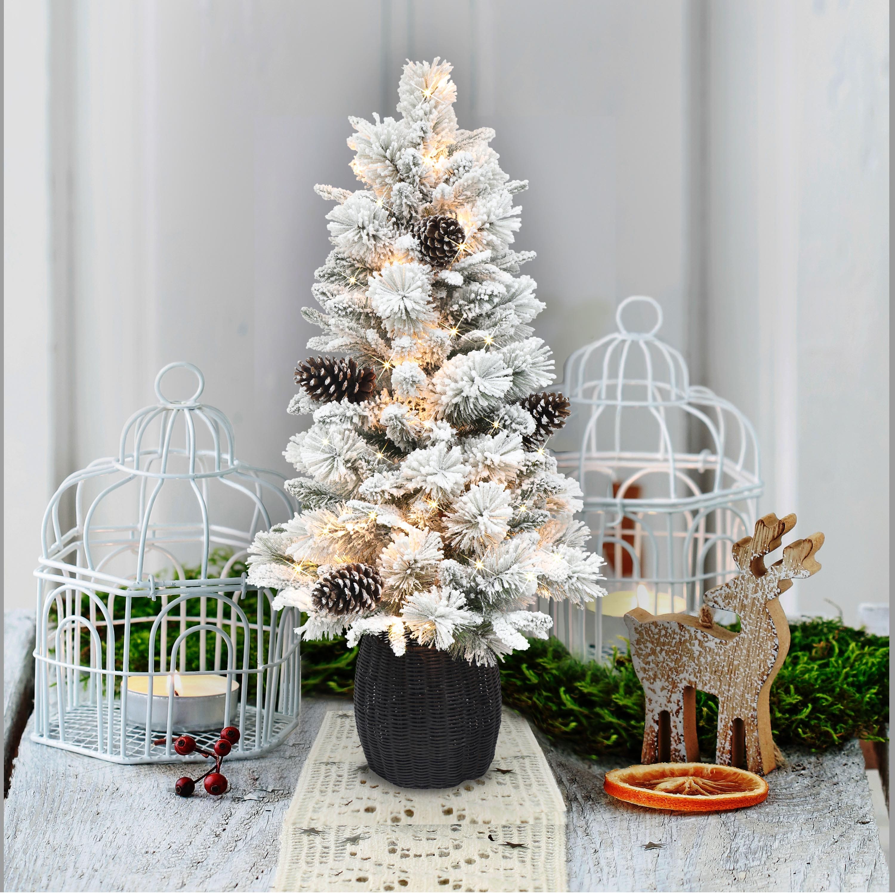 6 Pack: 3.5ft. Pre-Lit Flocked Artificial Potted Christmas Tree, Clear Lights
