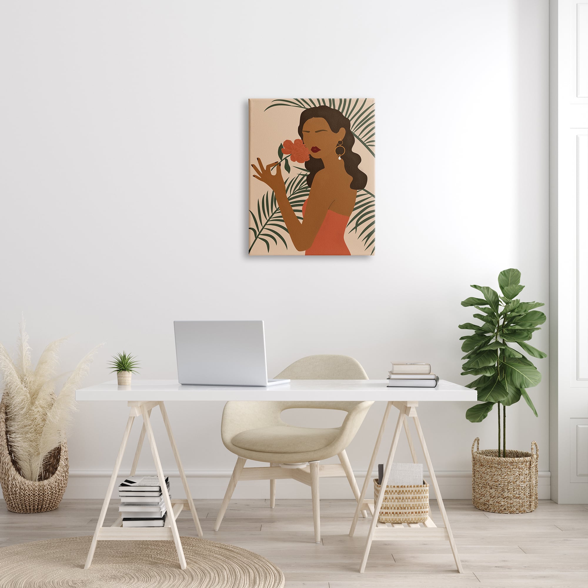 Stupell Industries Woman With Red Floral over Green Palm Leaves Canvas Wall Art