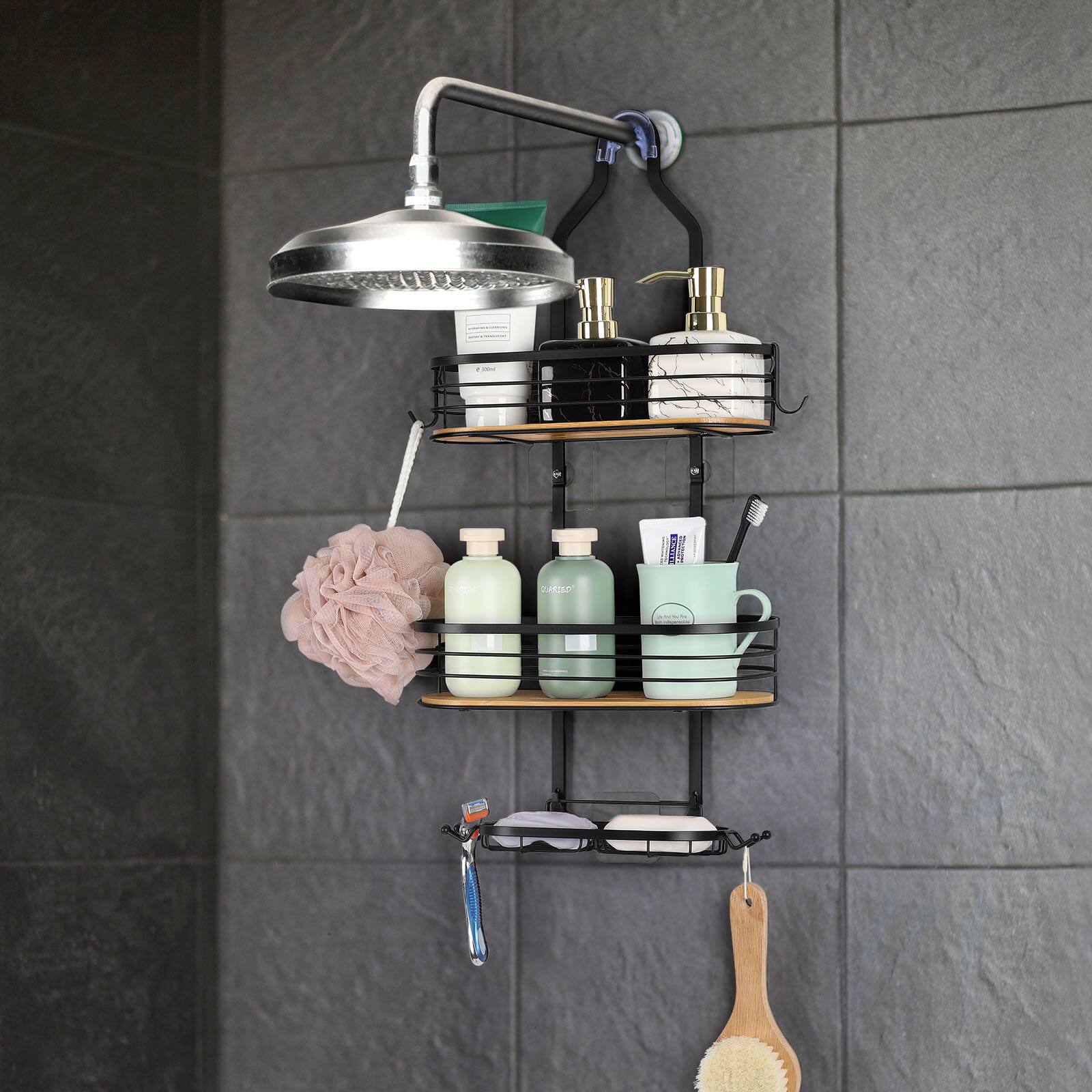 NEX™ Black Stainless Steel & Bamboo Hanging Caddy Shower Organizer with Hooks