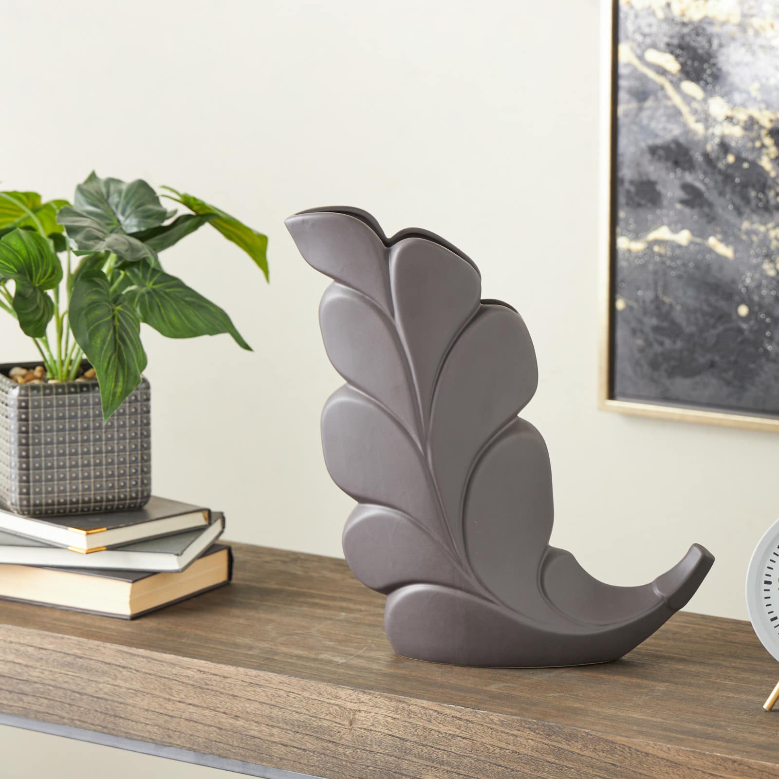 15" Black Ceramic Leaf Slanted Vase
