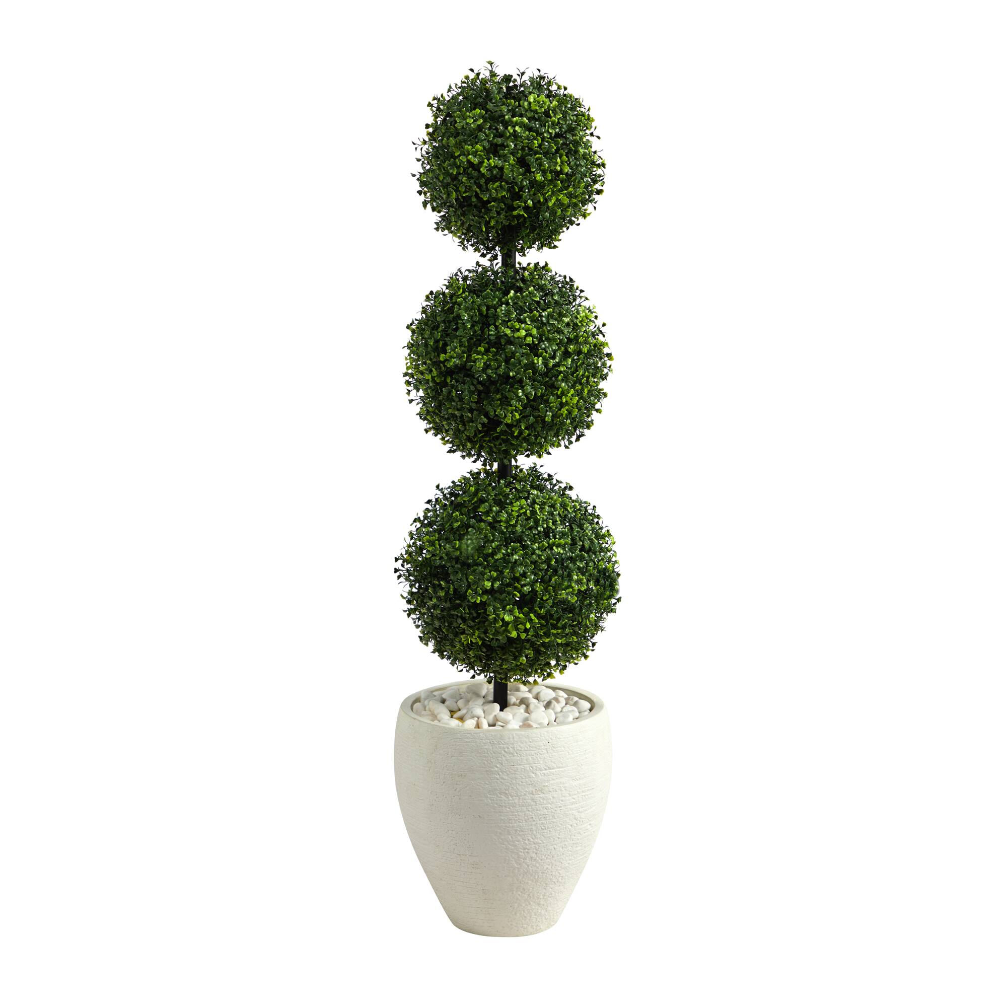 3.5ft. Boxwood Triple Ball Topiary Artificial Tree in White Planter
