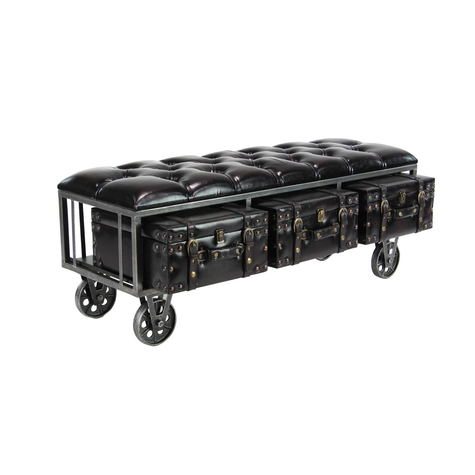 Industrial Rectangular Black Faux Leather and Wood Storage Bench, 19" x 47" x 16"