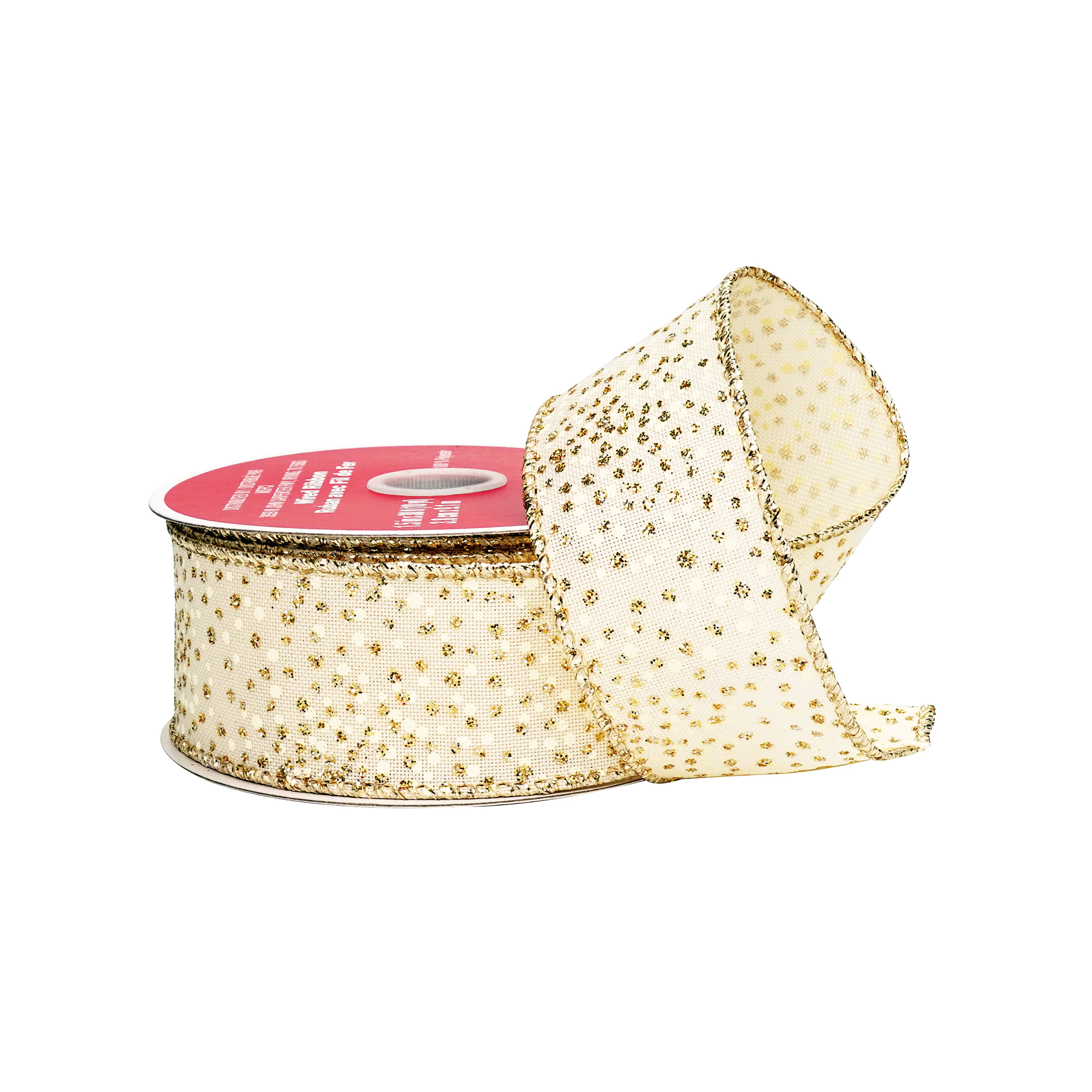 1.5" x 10yd. Cream & Gold Glitter Dots Wired Faux Linen Ribbon by Celebrate It®