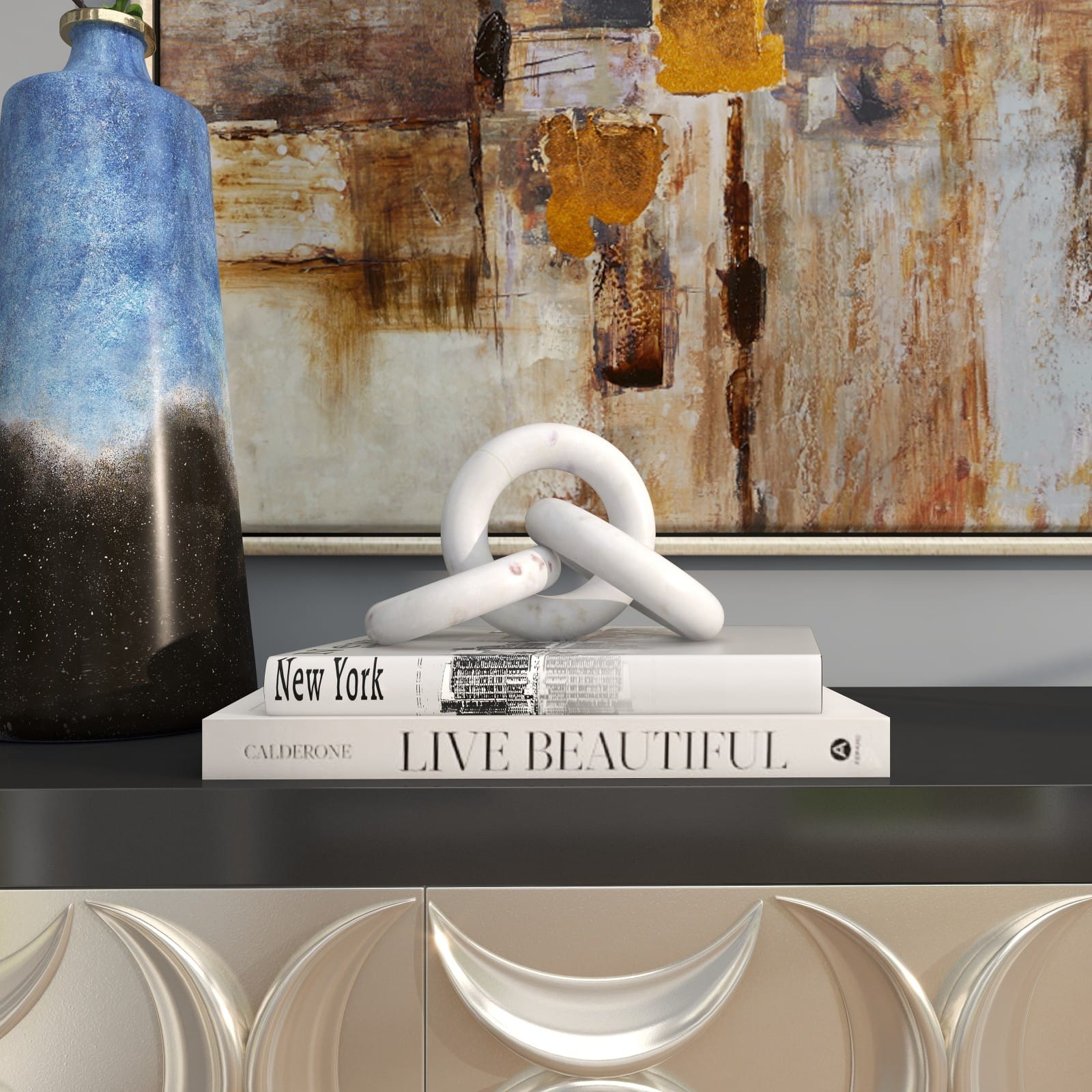 10" White Marble 3 Link Chain Sculpture Décor