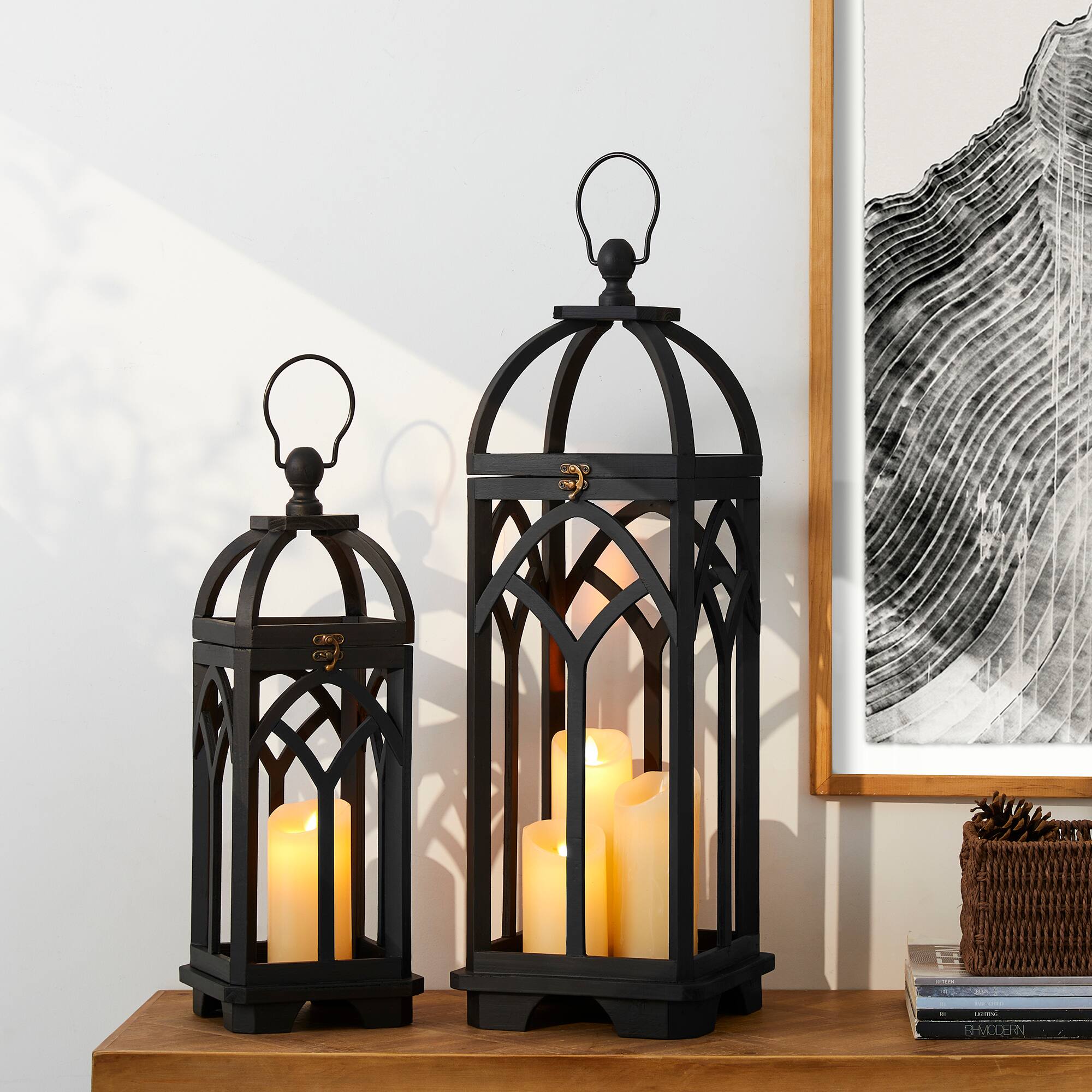Glitzhome® Black Farmhouse Church Window Wood & Metal Lanterns Set