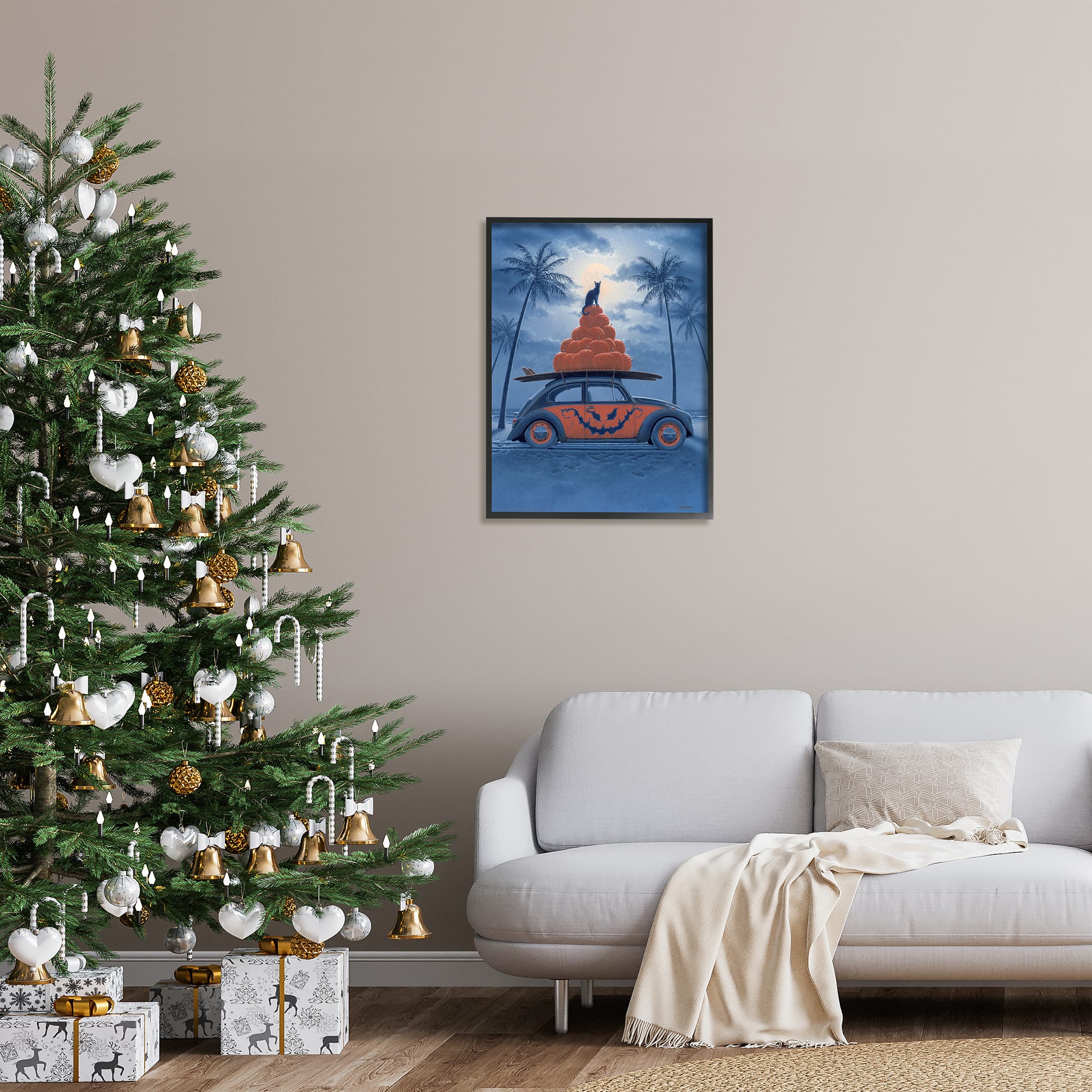 Stupell Industries Spooky Tropical Beach Pumpkin Car Framed Giclee Art