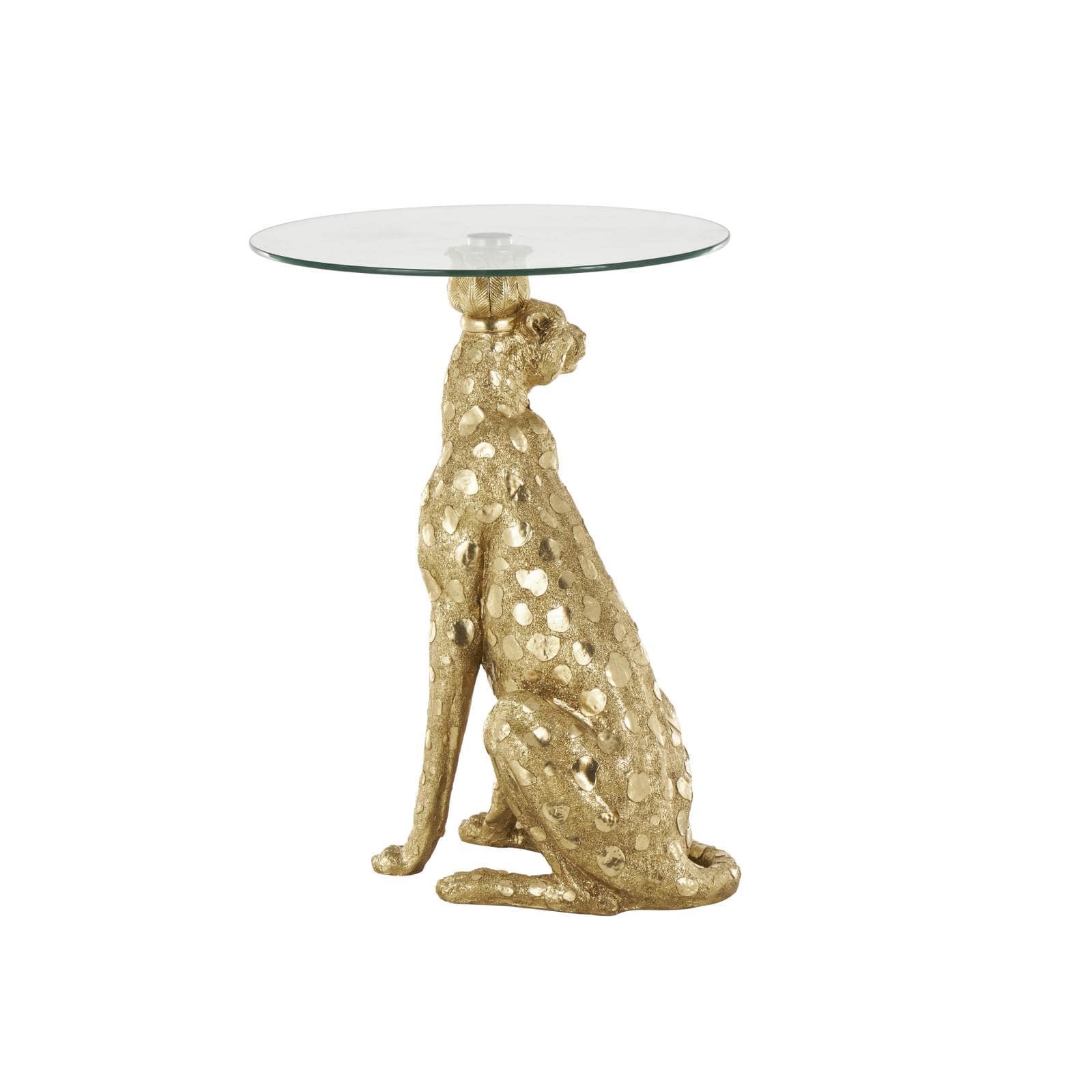 21" x 25" Gold Resin Leopard Sitting Metallic Accent Table with Round Glass Tabletop