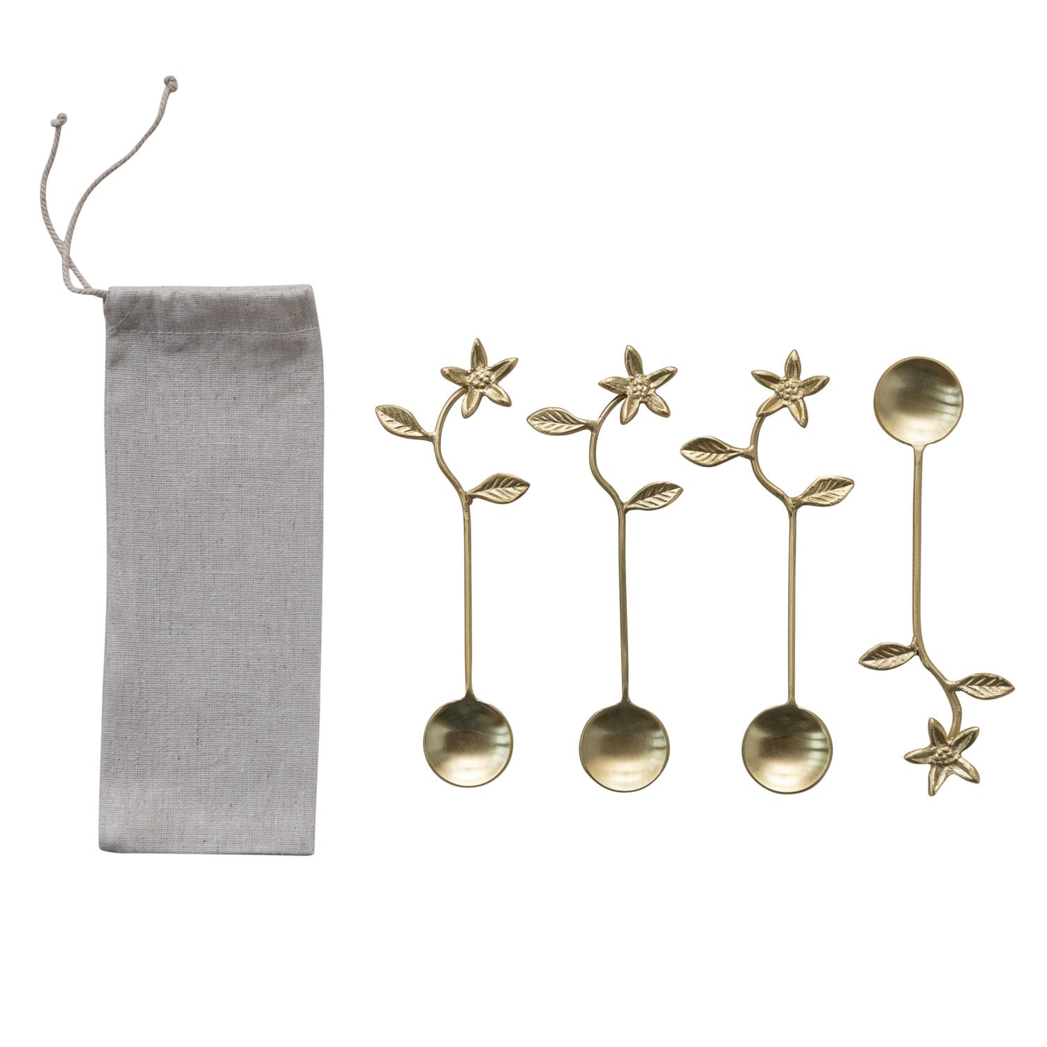 Hello Honey® 5.5" Stainless Steel & Brass Spoons with Flower Handles & Drawstring Bag