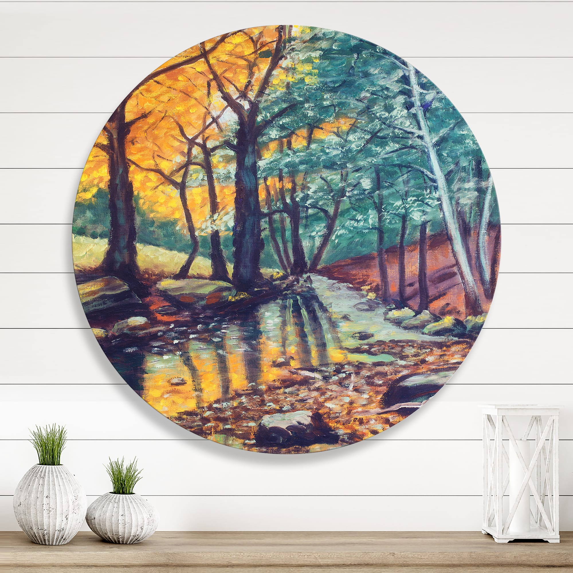 Designart - Landscape With River In Autumn Forest Sunset - Traditional Metal Circle Wall Art