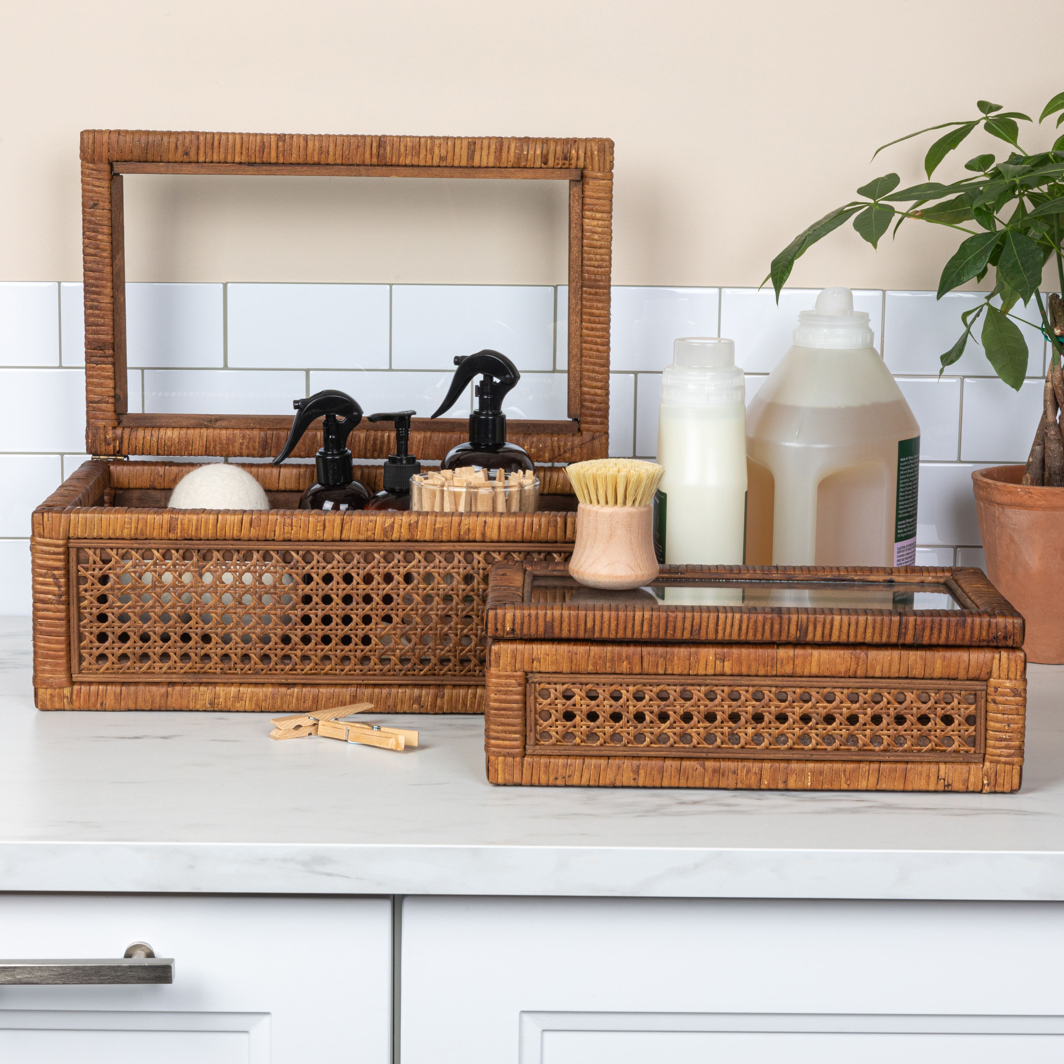 Hello Honey® Dark Brown Modern Decorative Rectangle Woven Rattan & Wood Display Box Set with Glass Top