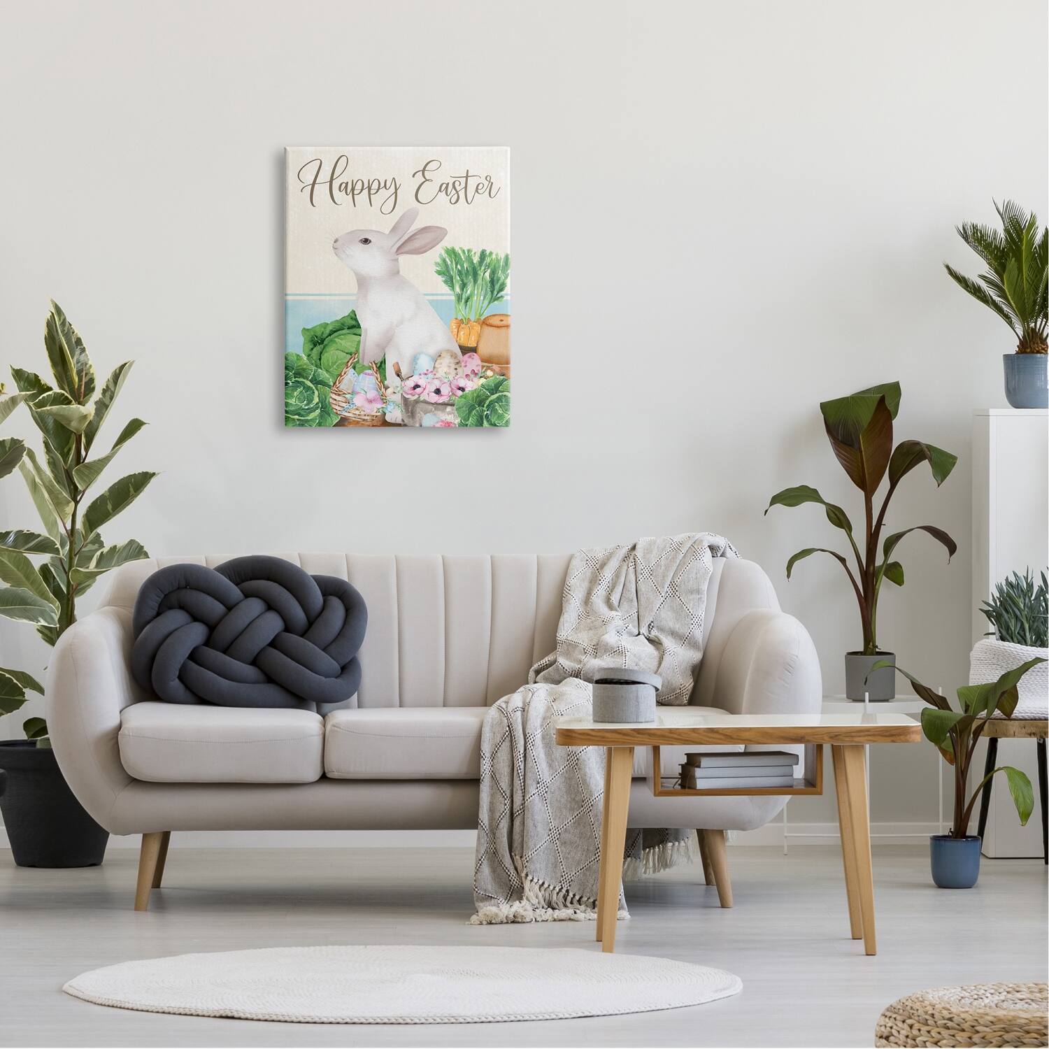Stupell Industries Happy Easter Bunny Rabbit Greens Eggs Basket Canvas Wall Art