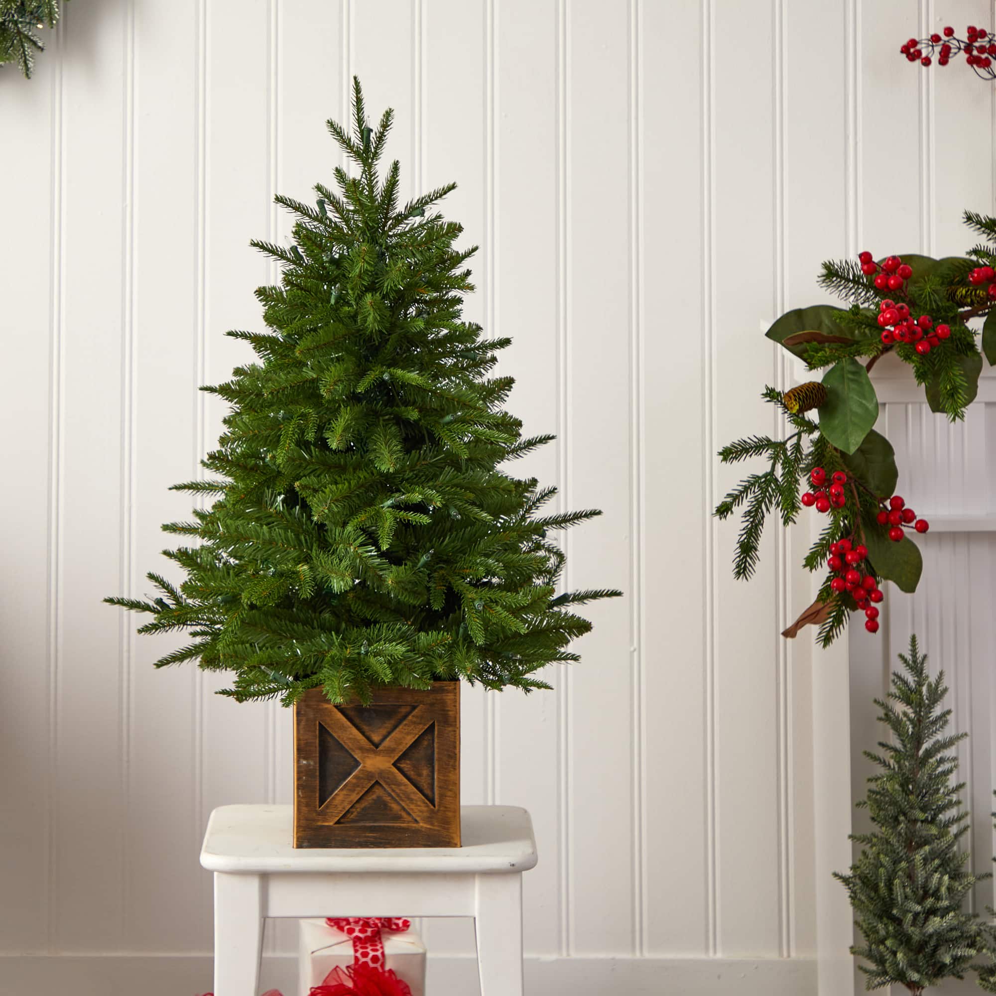 3ft. Pre-Lit Finland Fir Artificial Christmas Tree in Decorative Planter, Warm White Lights