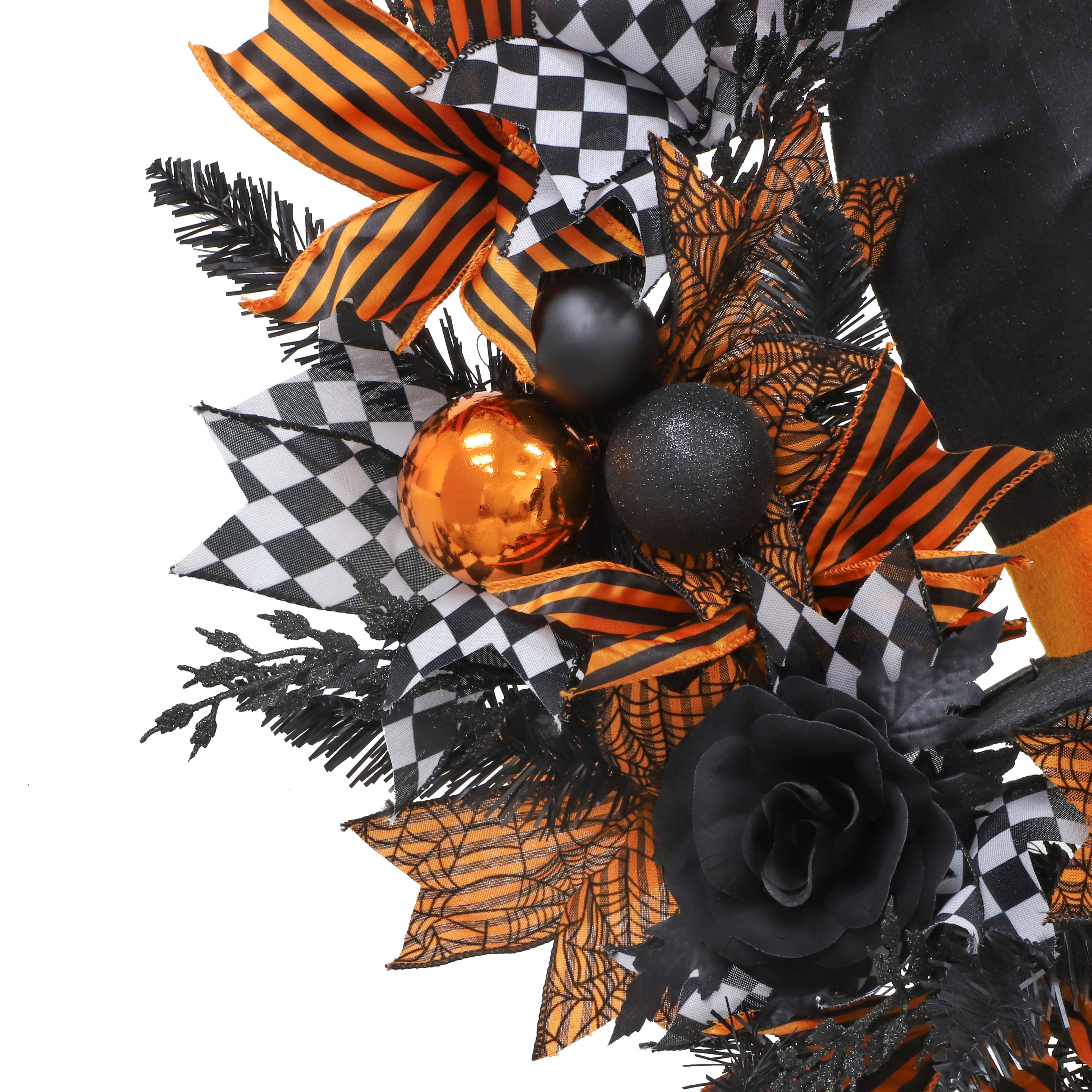 26" Black & Orange LED Witch Hat Wreath by Ashland®