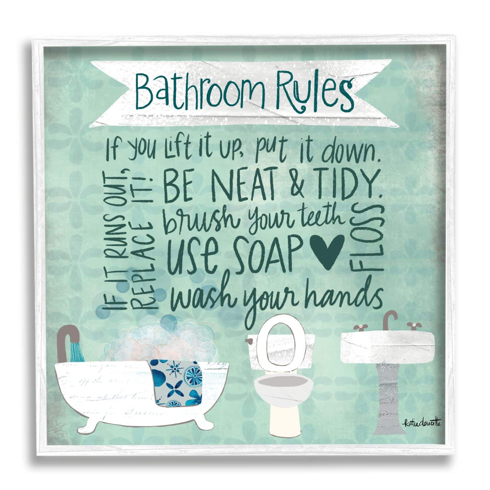 Stupell Industries Aqua Blue Bathroom Rules Collage Look Typography Framed Wall Art in White | 24" x 24" | Michaels&reg;