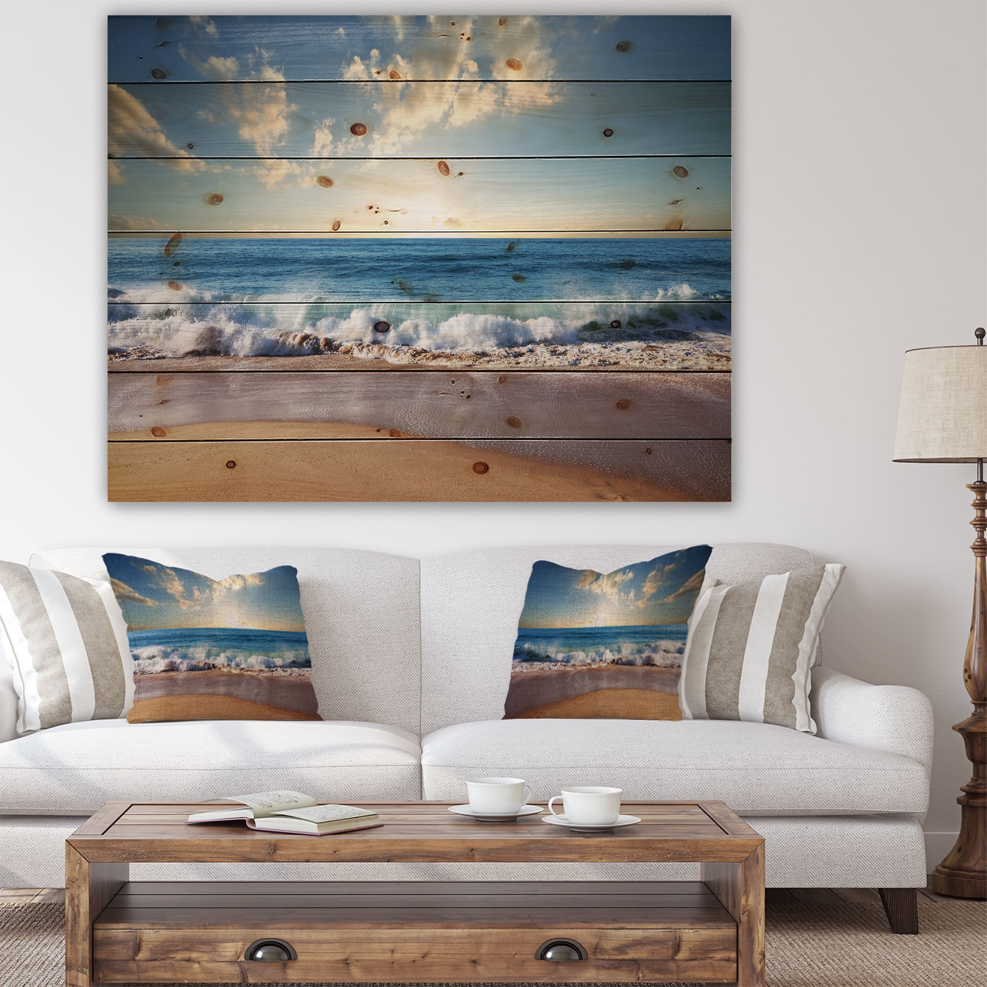 Designart - Sea Sunset - Seascape Photography Print on Natural Pine Wood