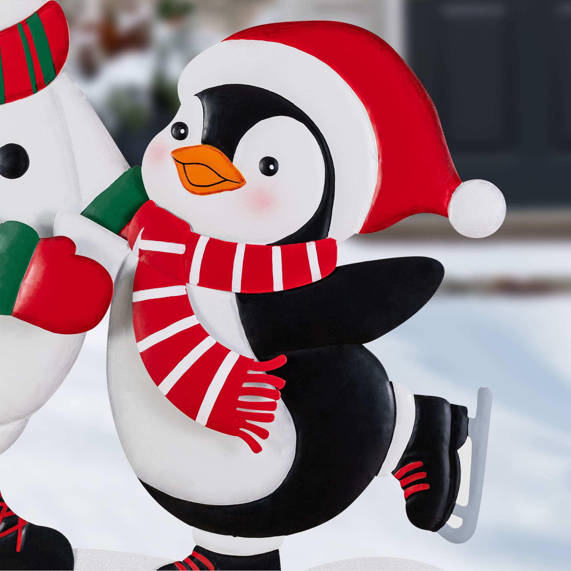Glitzhome® 32" Christmas Metal Skiing Snowman and Penguin Yard Stake